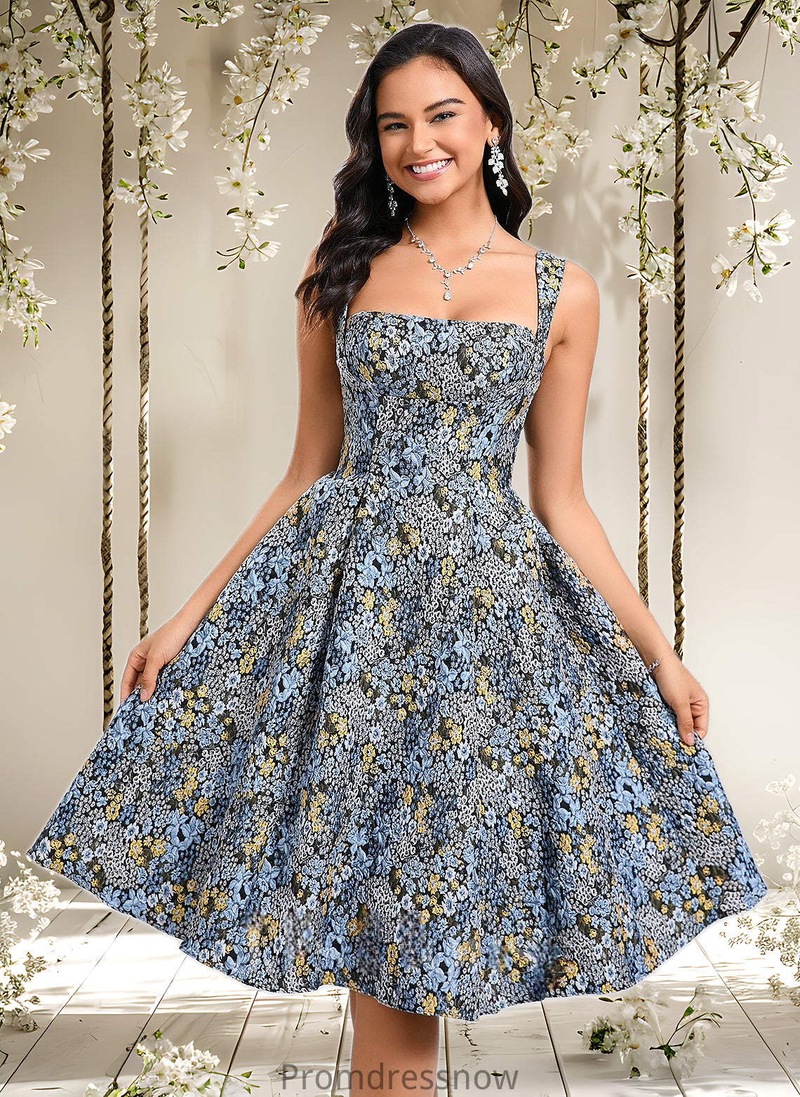 Kit A-line Square Knee-Length Jacquard Homecoming Dress With Bow HPP0025687