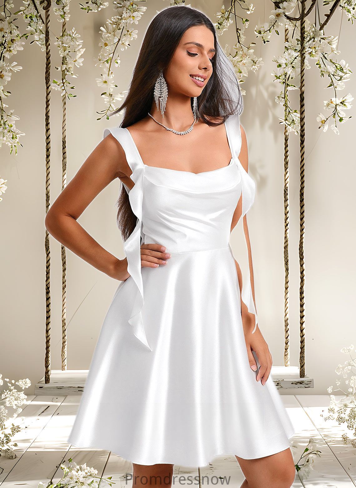 Karly A-line Scoop Short Stretch Satin Homecoming Dress With Cascading Ruffles HPP0025653