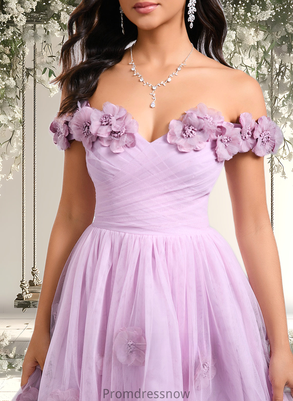 Alayna Ball-Gown/Princess Off the Shoulder Short Tulle Homecoming Dress With Pleated Flower HPP0025668