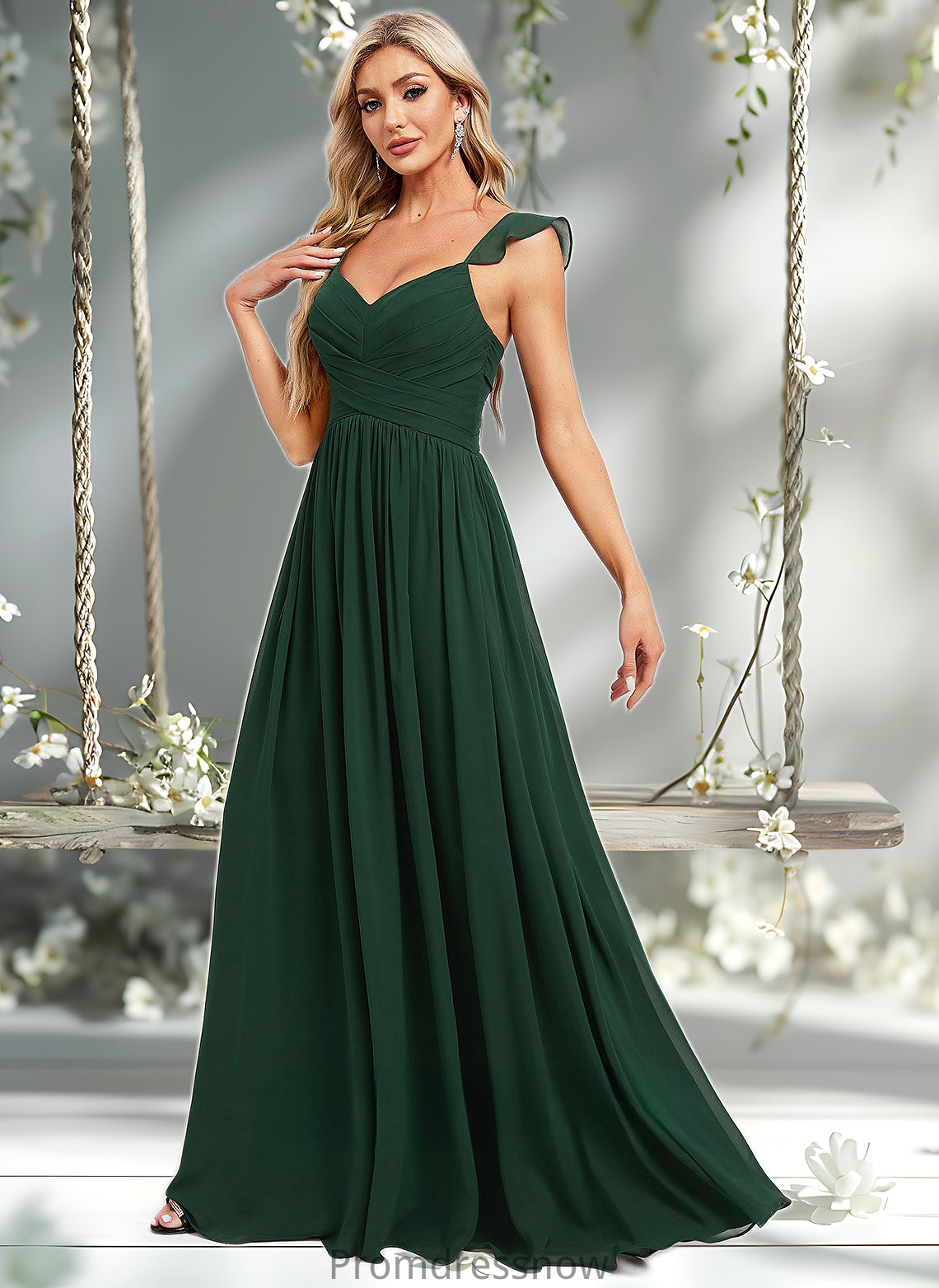 Greta A-line V-Neck Floor-Length Chiffon Bridesmaid Dress With Ruffle HPP0025811