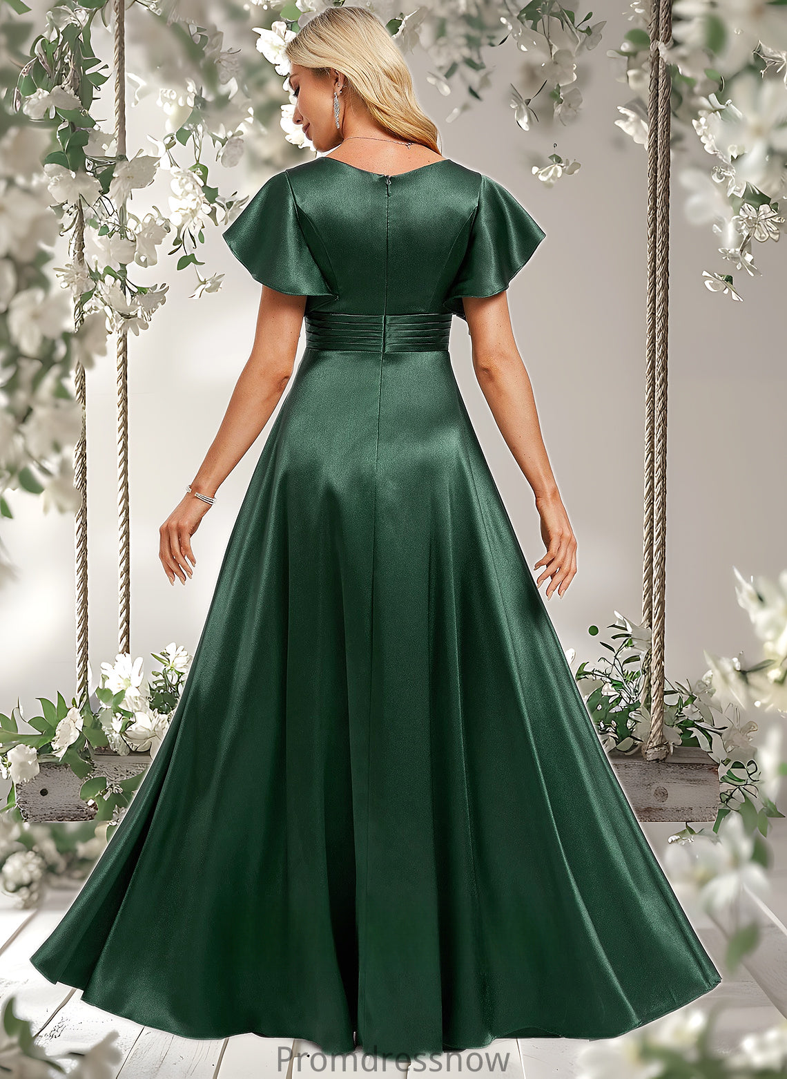 Kaleigh A-line V-Neck Floor-Length Stretch Satin Bridesmaid Dress With Ruffle HPP0025773