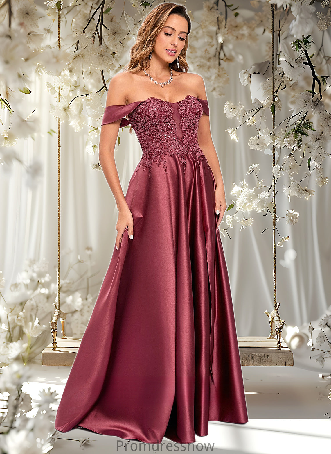 Amira A-line Off the Shoulder Floor-Length Satin Lace Prom Dresses With Sequins HPP0025841