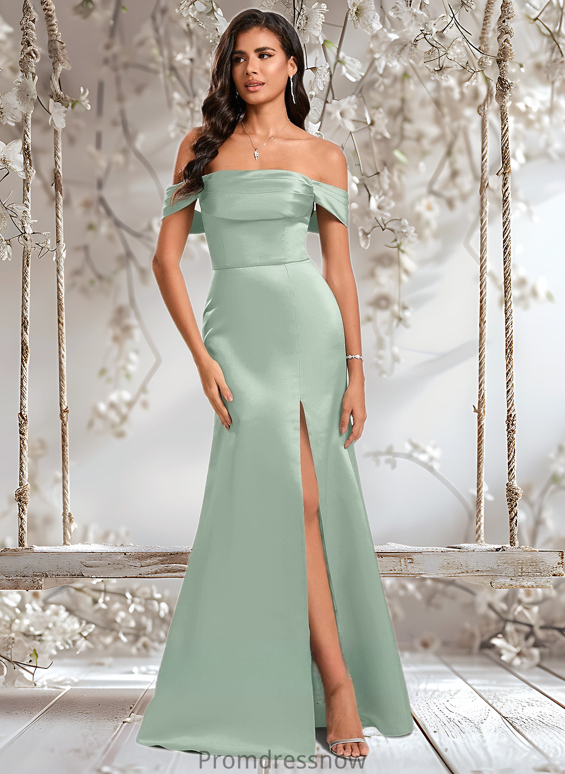 Margery Trumpet/Mermaid Off the Shoulder Square Floor-Length Satin Prom Dresses With Ruffle HPP0025883