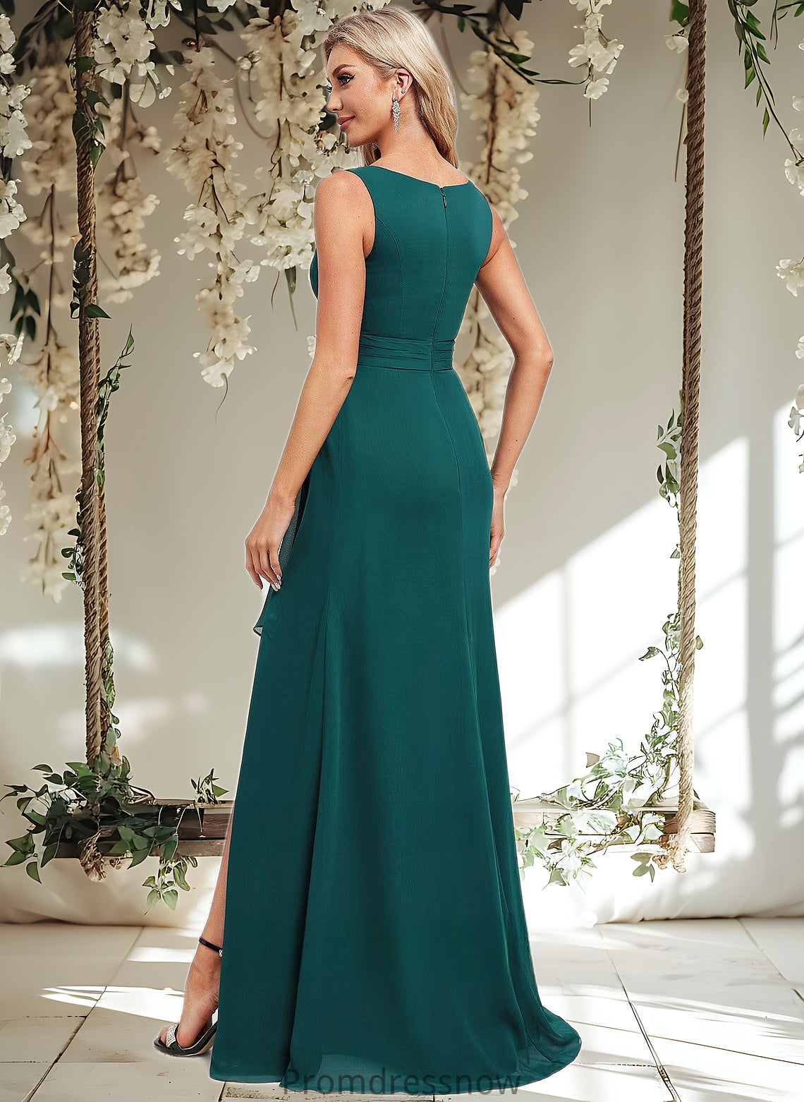 Lindsay A-line Scoop Floor-Length Chiffon Bridesmaid Dress With Ruffle HPP0025814