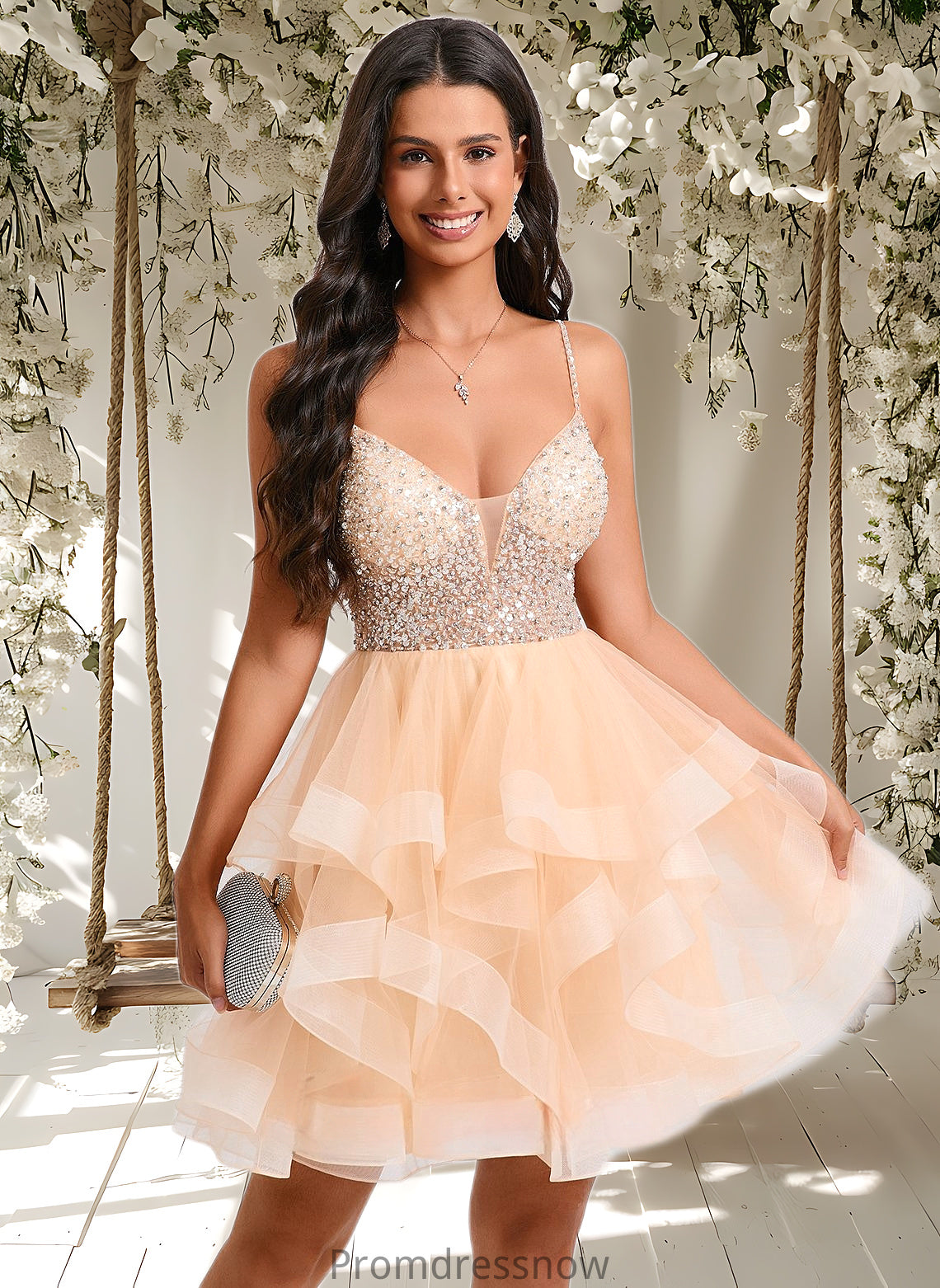 Amani Ball-Gown/Princess V-Neck Short Tulle Homecoming Dress With Beading Sequins HPP0025646