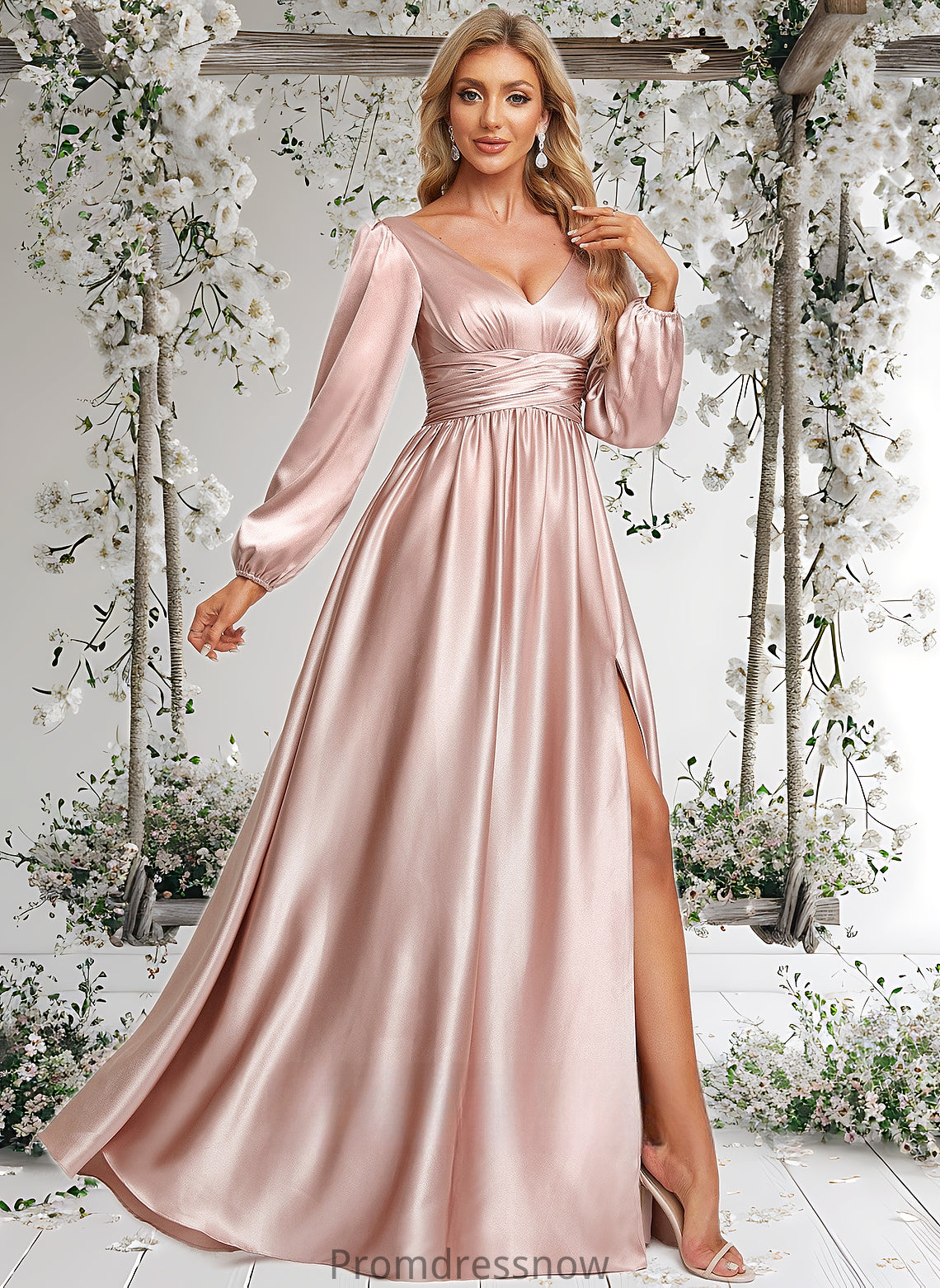 Michelle A-line V-Neck Floor-Length Stretch Satin Prom Dresses HPP0025880