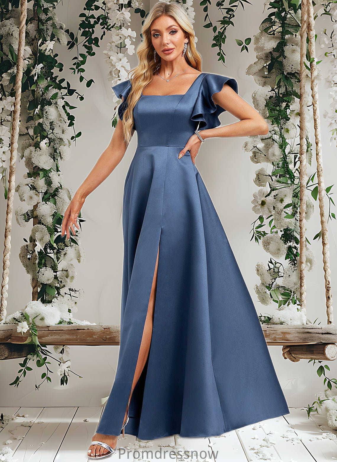 Sahna A-line Square Floor-Length Satin Bridesmaid Dress With Ruffle HPP0025774