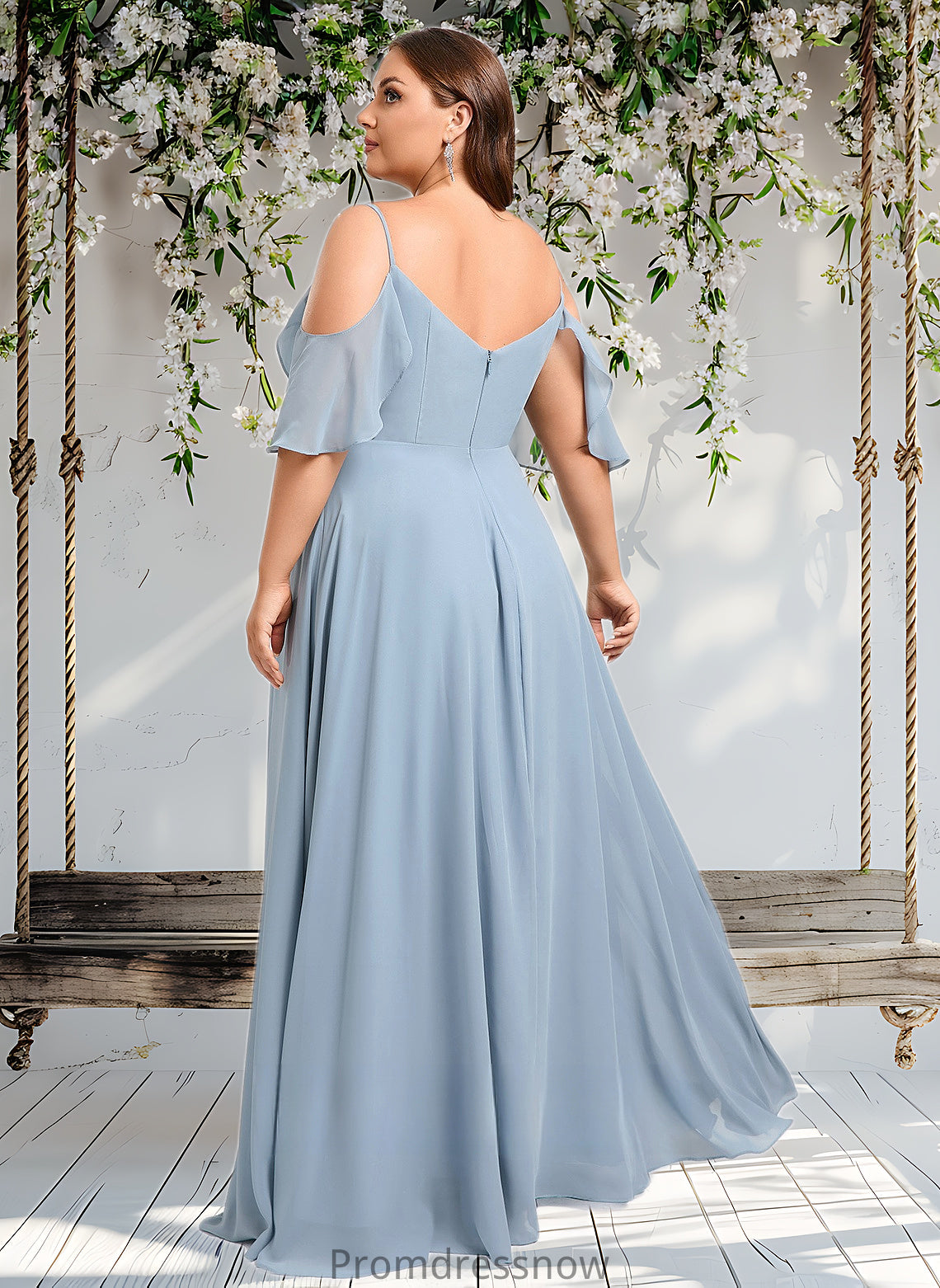 Madyson A-line Cold Shoulder Floor-Length Chiffon Bridesmaid Dress With Ruffle HPP0025797