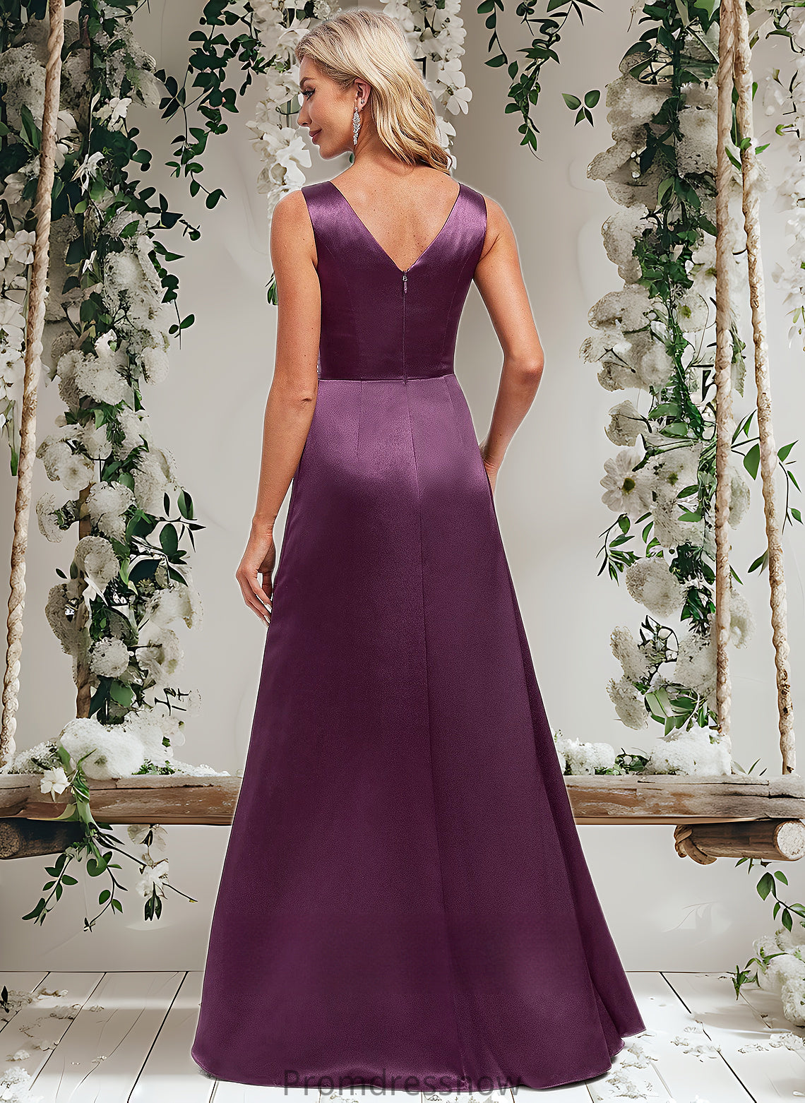 London A-line Scoop Floor-Length Stretch Satin Bridesmaid Dress HPP0025829