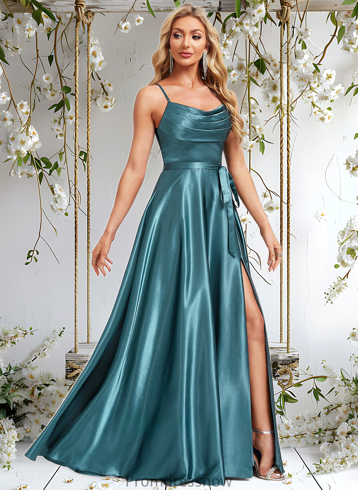 Rory A-line Cowl Floor-Length Stretch Satin Bridesmaid Dress With Ruffle HPP0025781