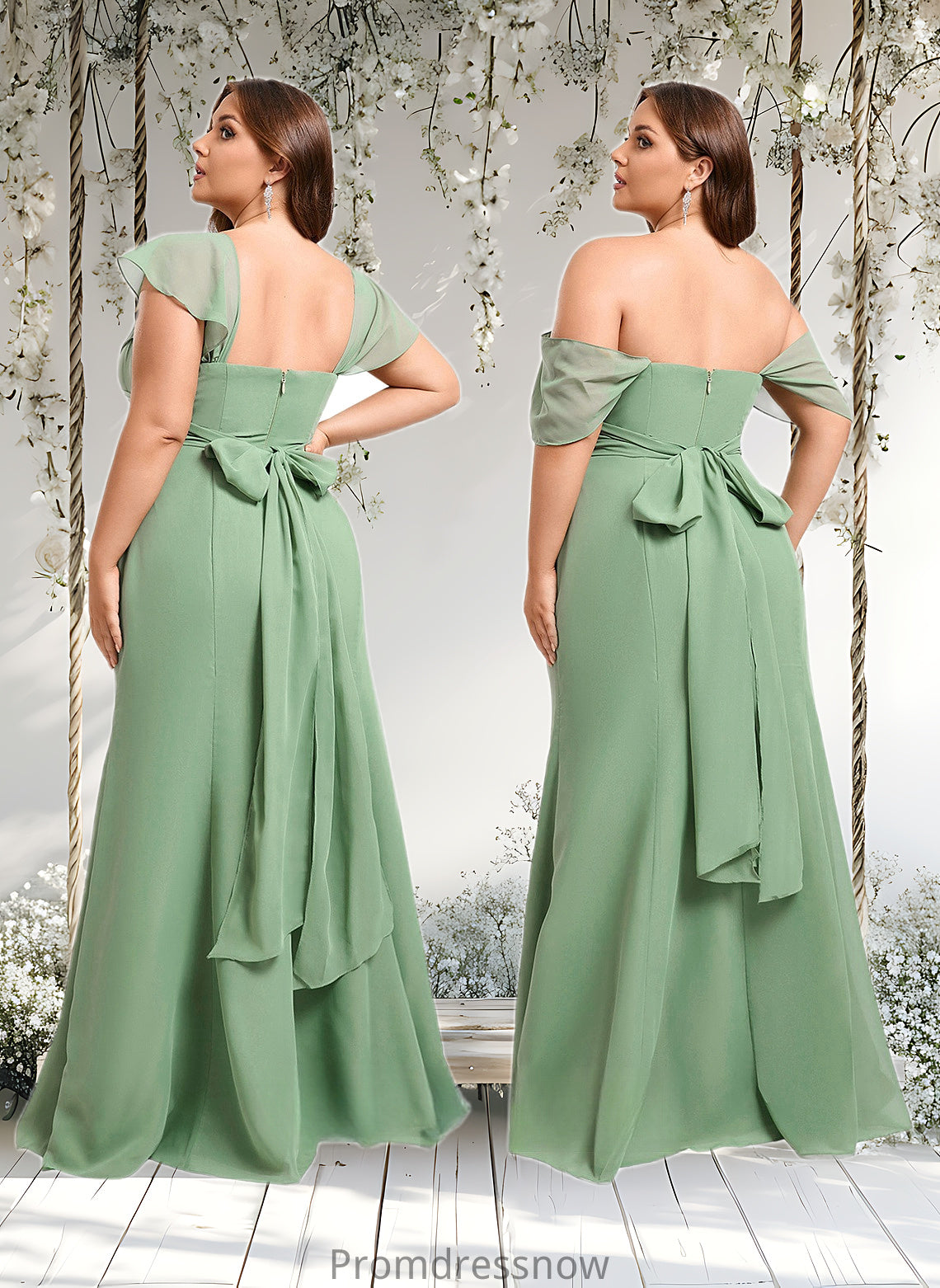 Maud Trumpet/Mermaid Off the Shoulder V-Neck Floor-Length Chiffon Bridesmaid Dress HPP0025810