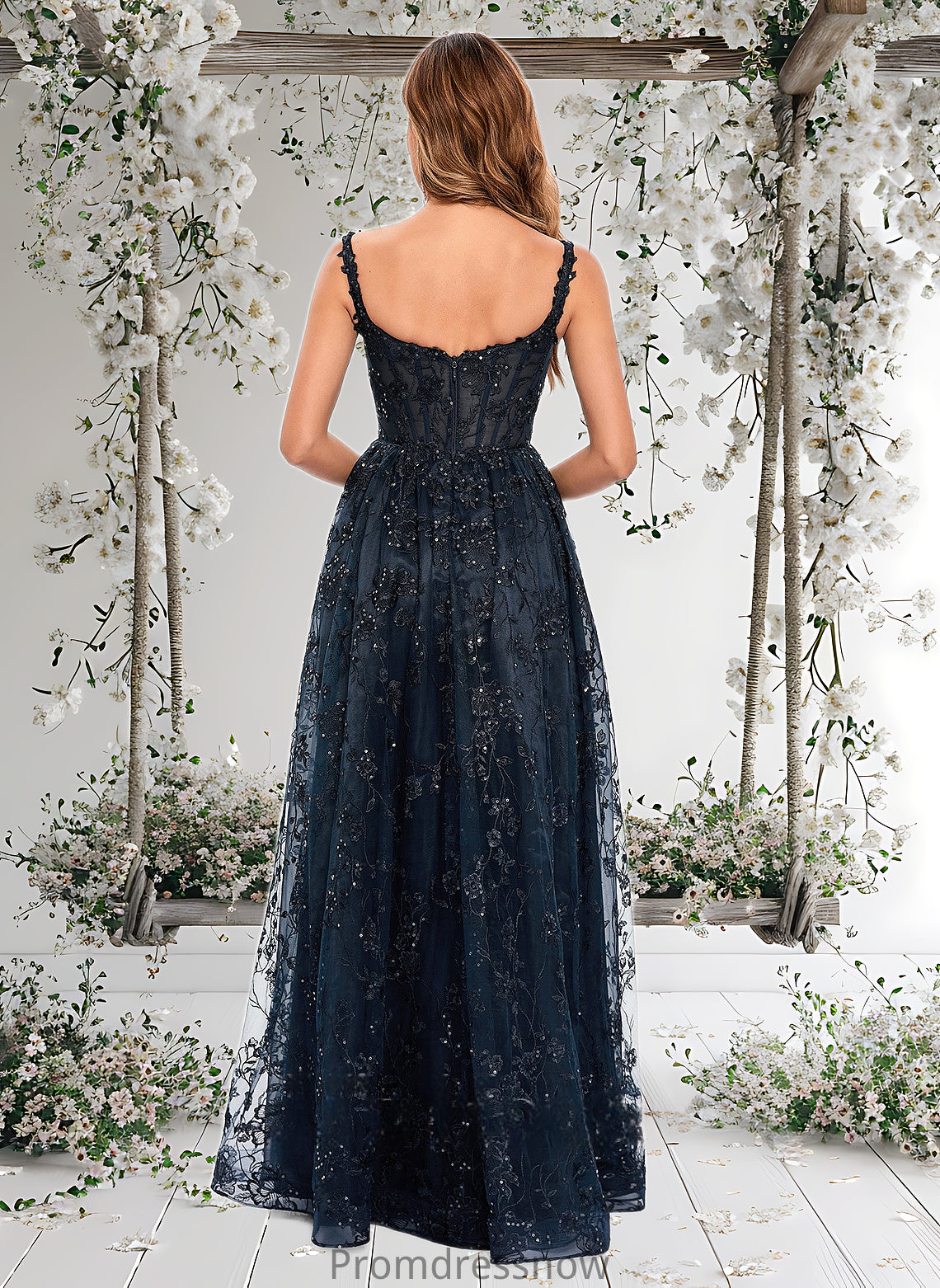 Eloise A-line Square Floor-Length Organza Lace Floral Prom Dresses With Sequins HPP0025844