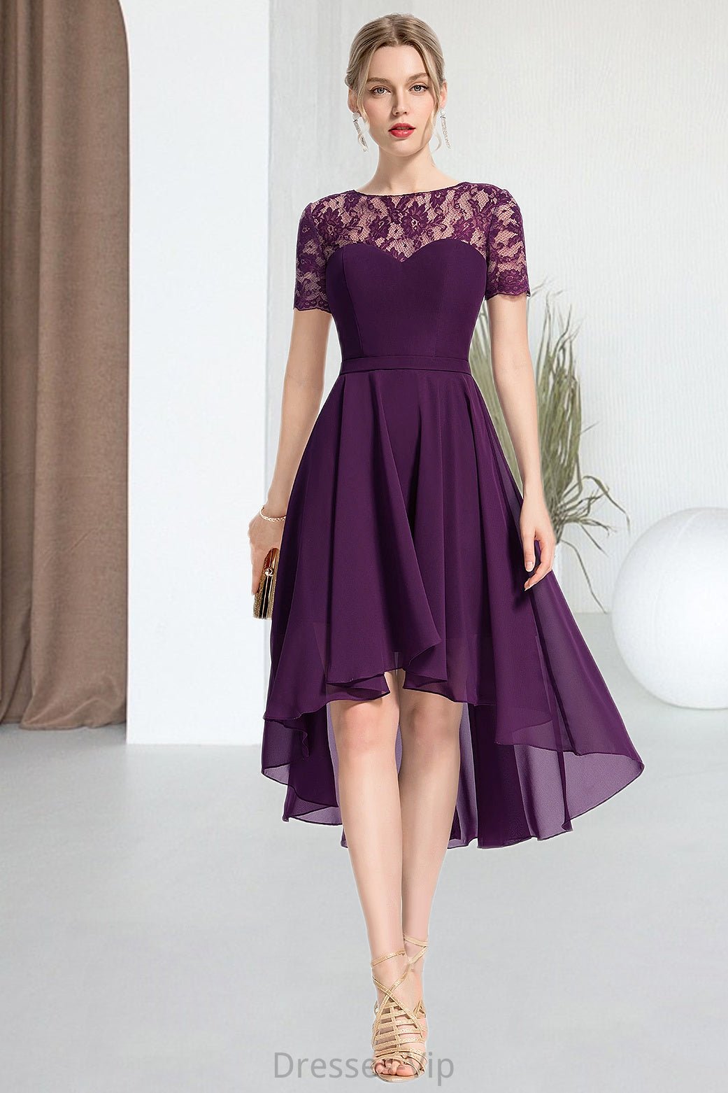 Samantha A-line Scoop Asymmetrical Chiffon Lace Homecoming Dress HPP0020587