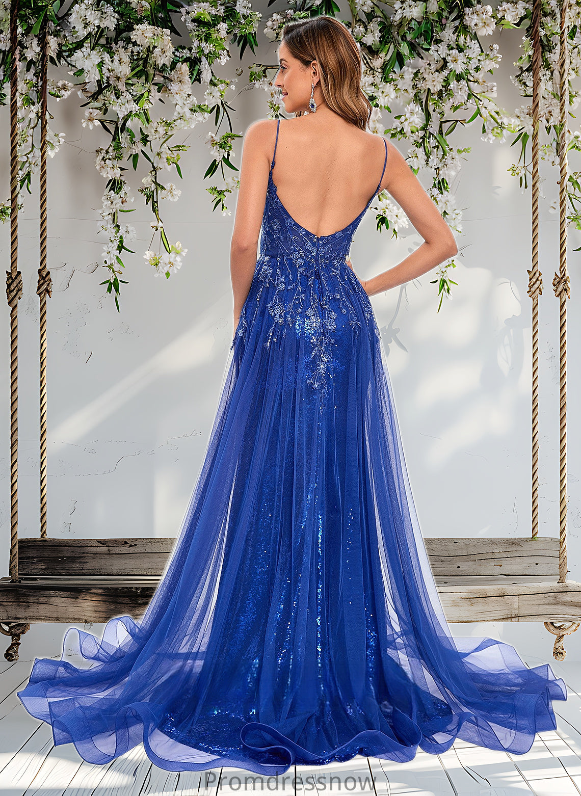 Vera Trumpet/Mermaid Straight Sweep Train Tulle Sequin Prom Dresses With Sequins Appliques Lace HPP0025857