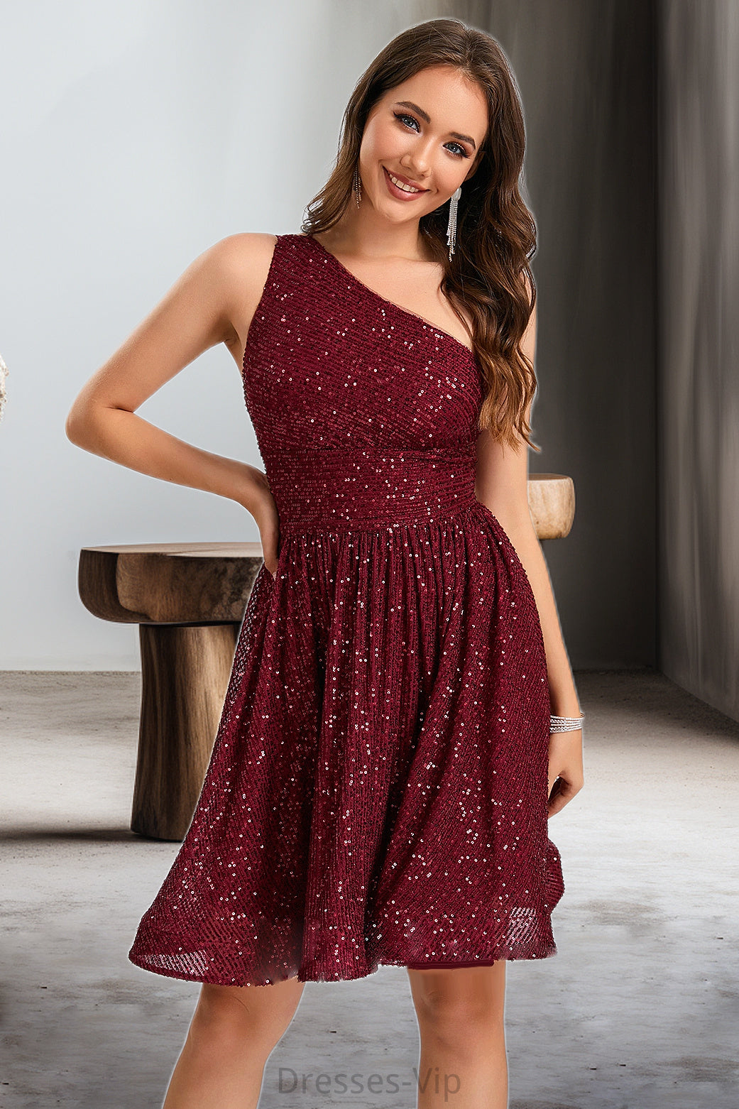 Mara A-line One Shoulder Short/Mini Sequin Homecoming Dress With Sequins HPP0020485