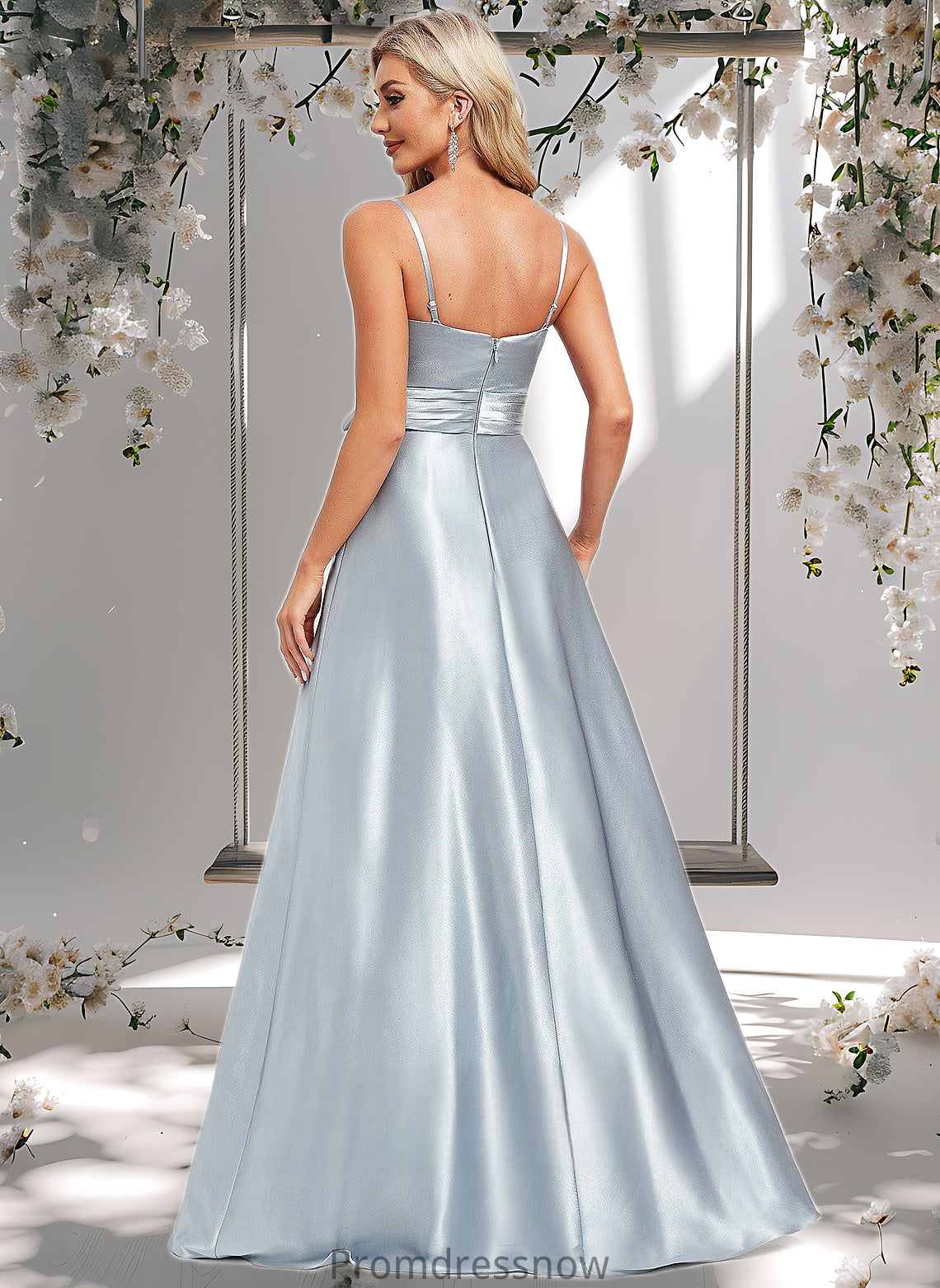 Danielle A-line V-Neck Floor-Length Stretch Satin Bridesmaid Dress HPP0025795