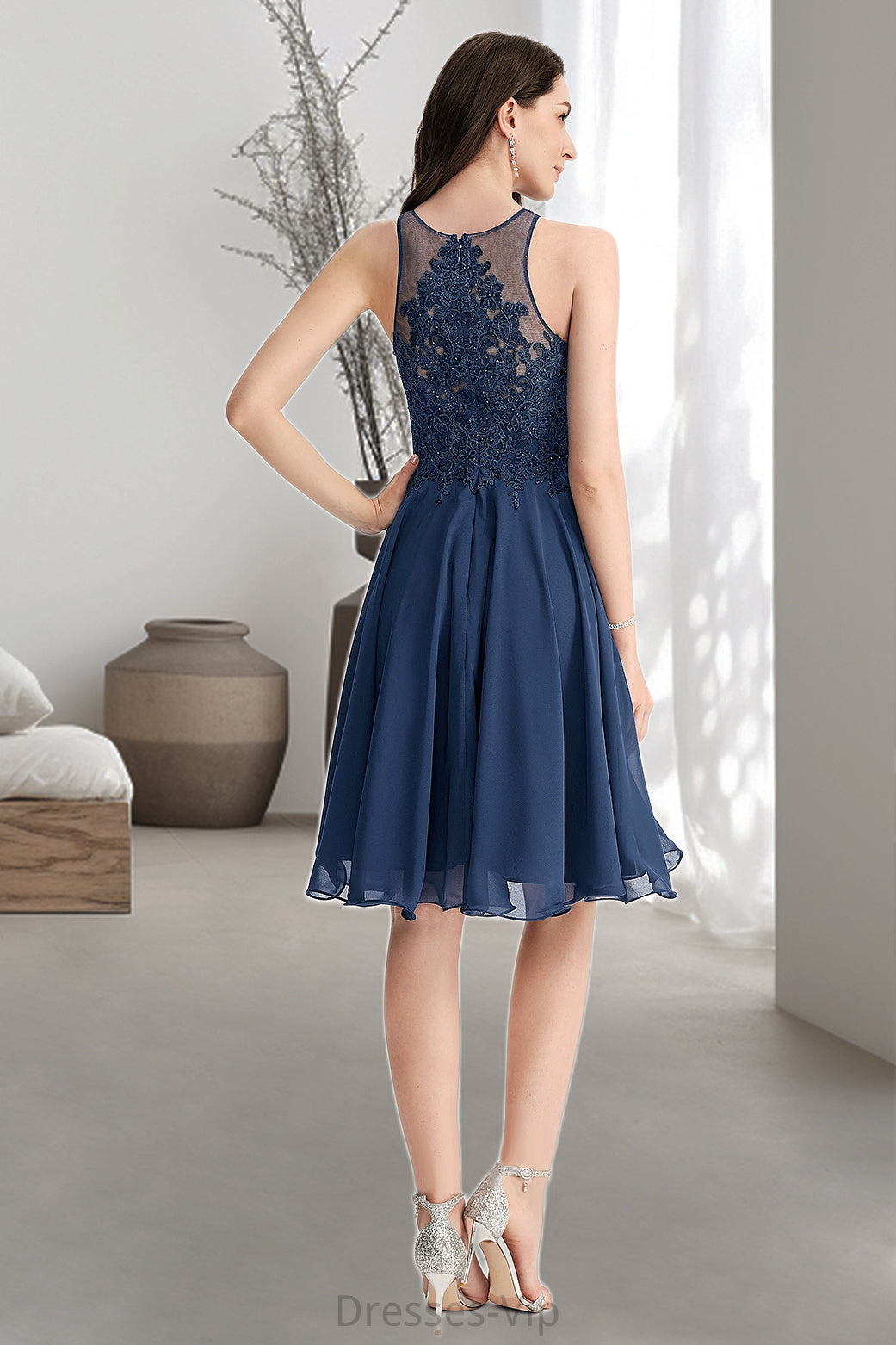 Dana A-line Scoop Knee-Length Chiffon Lace Homecoming Dress With Beading HPP0020515