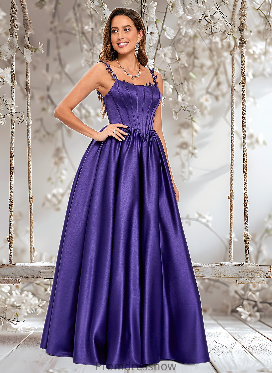 Courtney Ball-Gown/Princess Scoop Floor-Length Satin Prom Dresses With Appliques Lace Beading HPP0025865