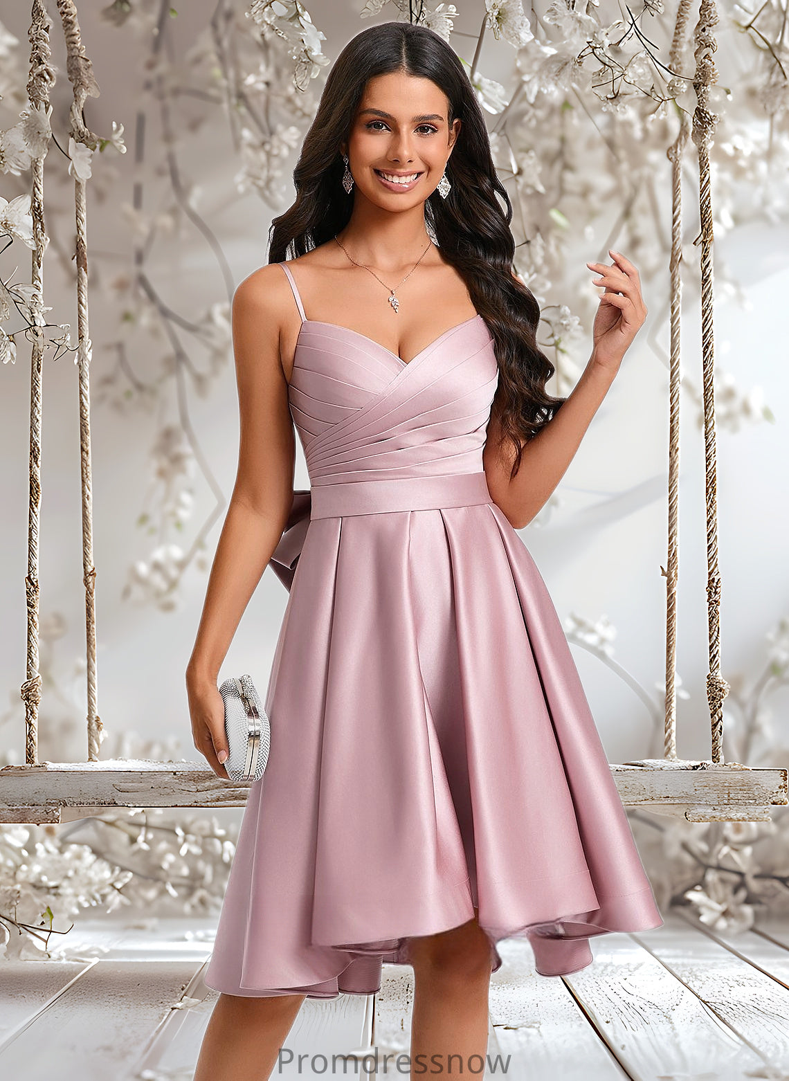 Larissa A-line V-Neck Asymmetrical Satin Homecoming Dress With Bow Pleated HPP0025699