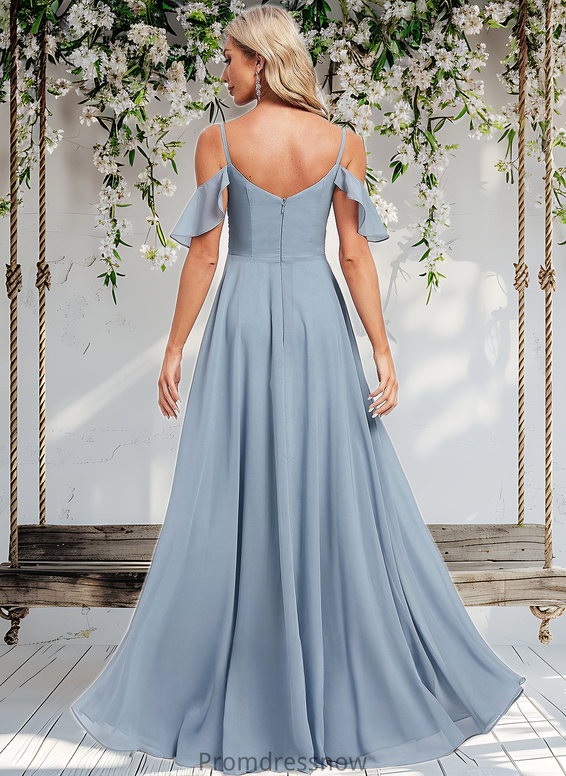 Madyson A-line Cold Shoulder Floor-Length Chiffon Bridesmaid Dress With Ruffle HPP0025797