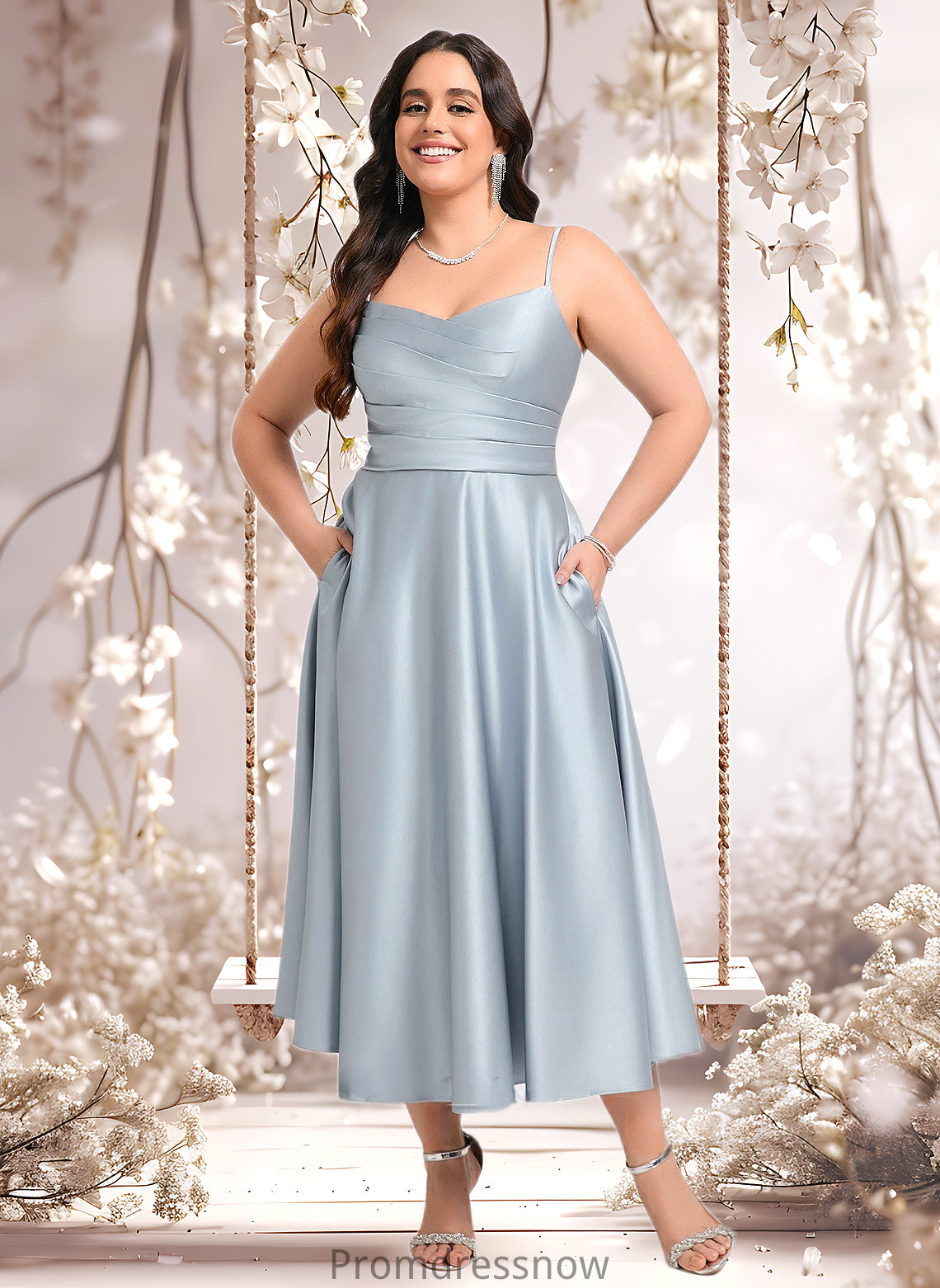 Anabella A-line V-Neck Tea-Length Satin Bridesmaid Dress HPP0025794