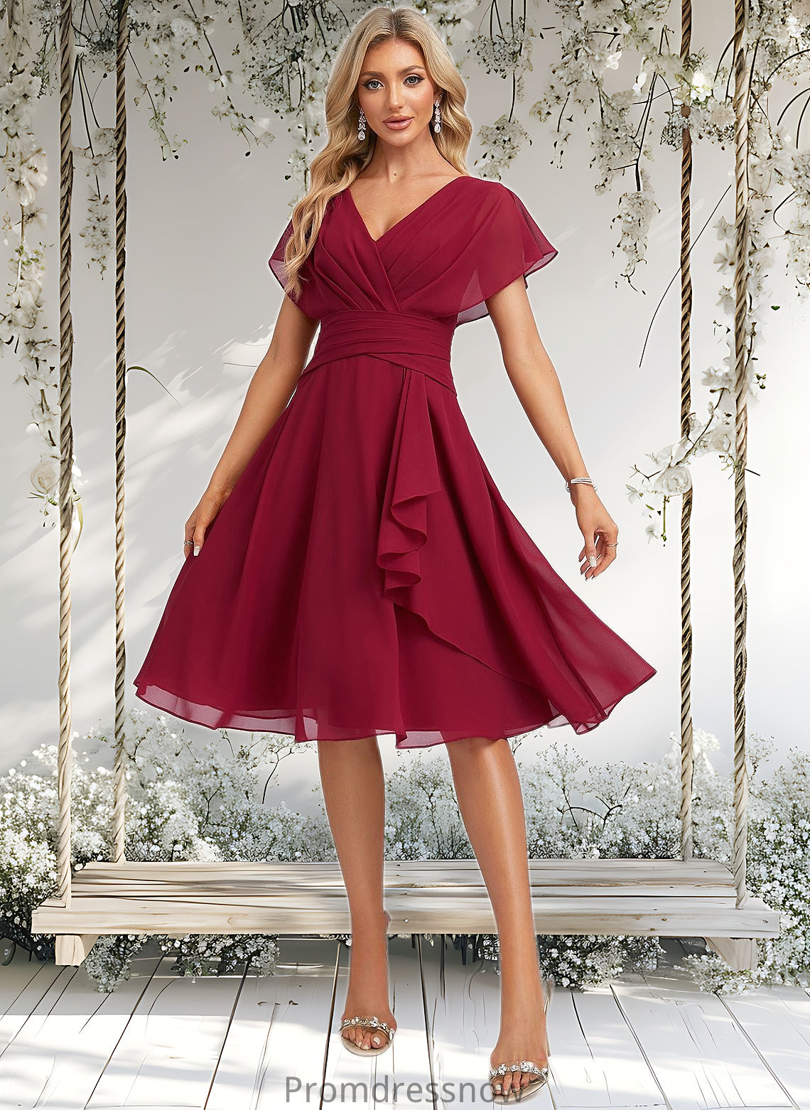 Ashanti A-line V-Neck Knee-Length Chiffon Homecoming Dress With Ruffle HPP0025716