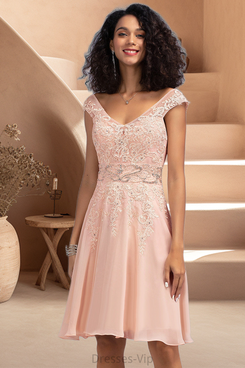 Emma A-line V-Neck Knee-Length Chiffon Lace Homecoming Dress With Beading HPP0020565