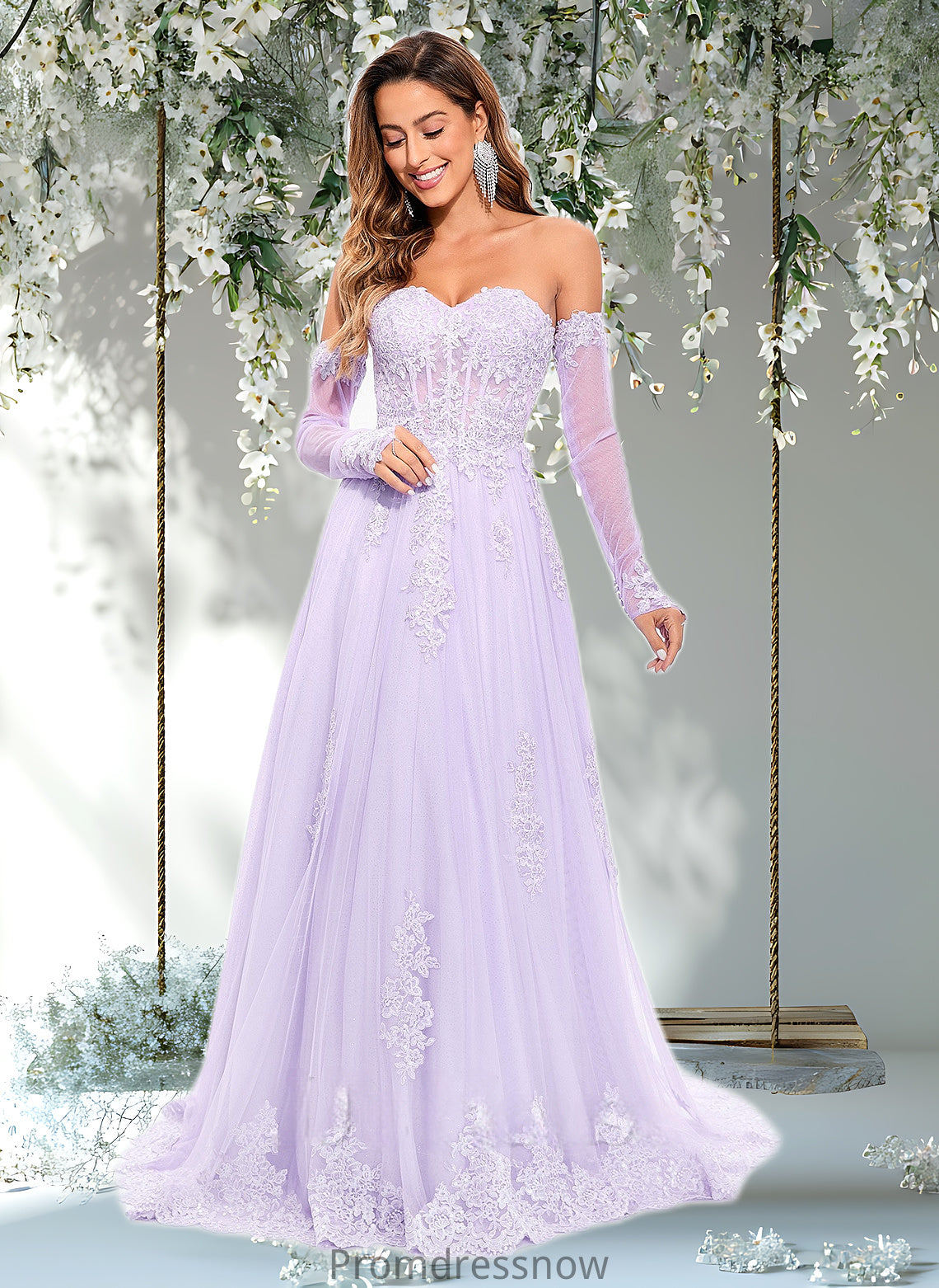 Arianna A-line Sweetheart Sweep Train Tulle Prom Dresses With Sequins Appliques Lace HPP0025856