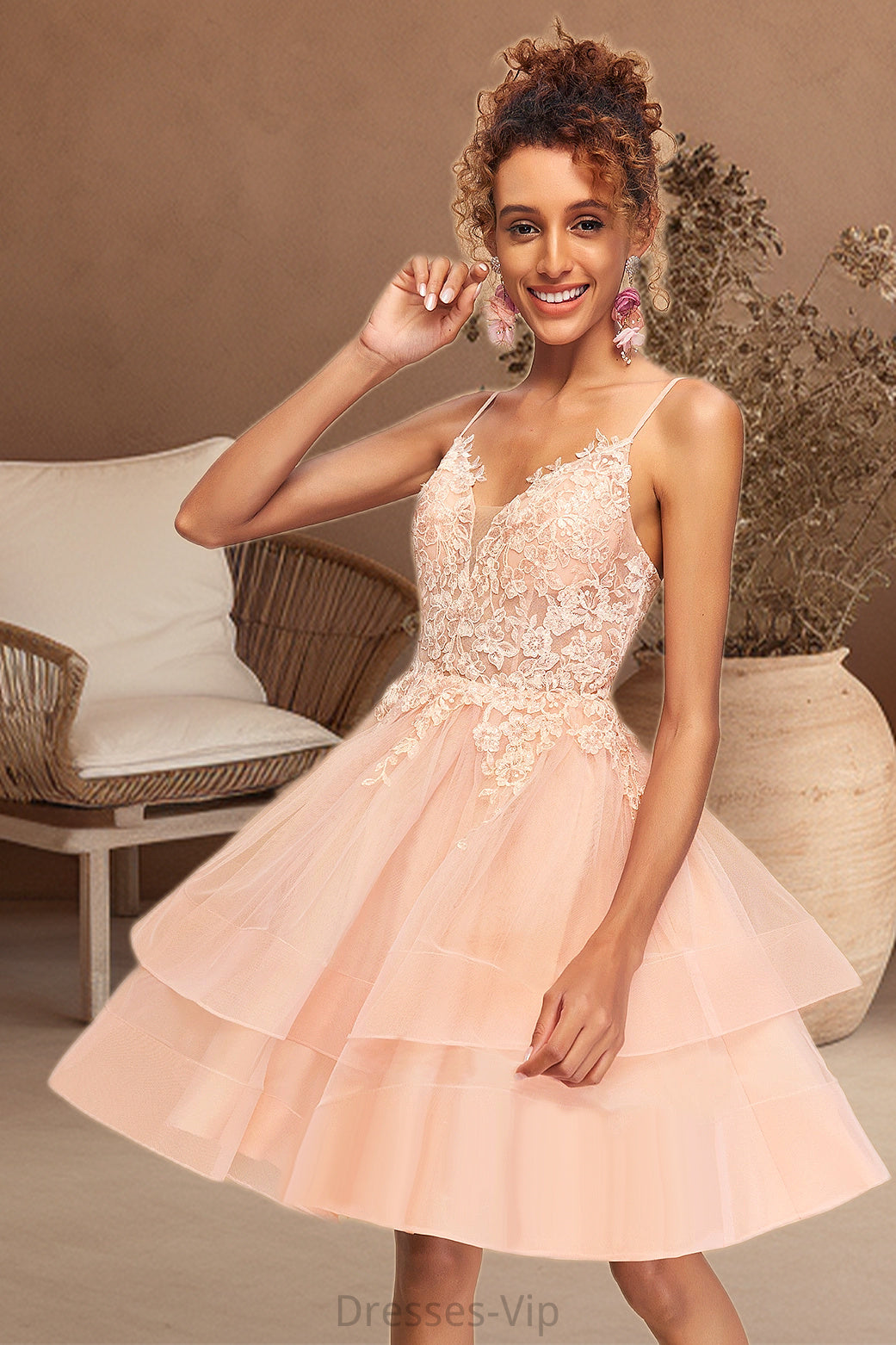 Kit A-line V-Neck Short/Mini Lace Tulle Homecoming Dress HPP0020524