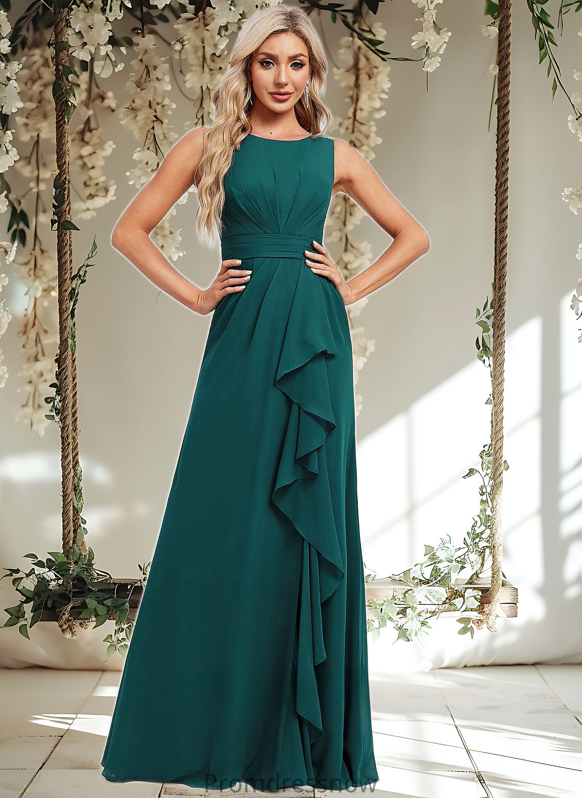 Lindsay A-line Scoop Floor-Length Chiffon Bridesmaid Dress With Ruffle HPP0025814