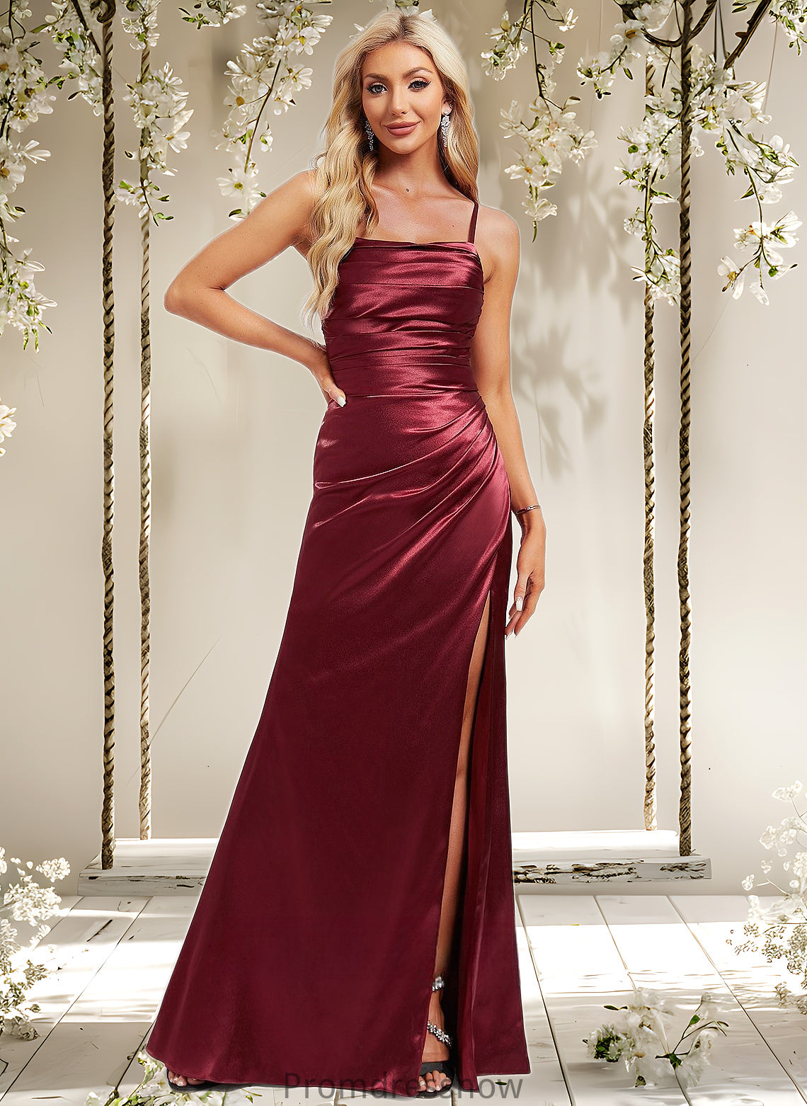 Taylor Trumpet/Mermaid Square Floor-Length Stretch Satin Prom Dresses With Ruffle HPP0025875