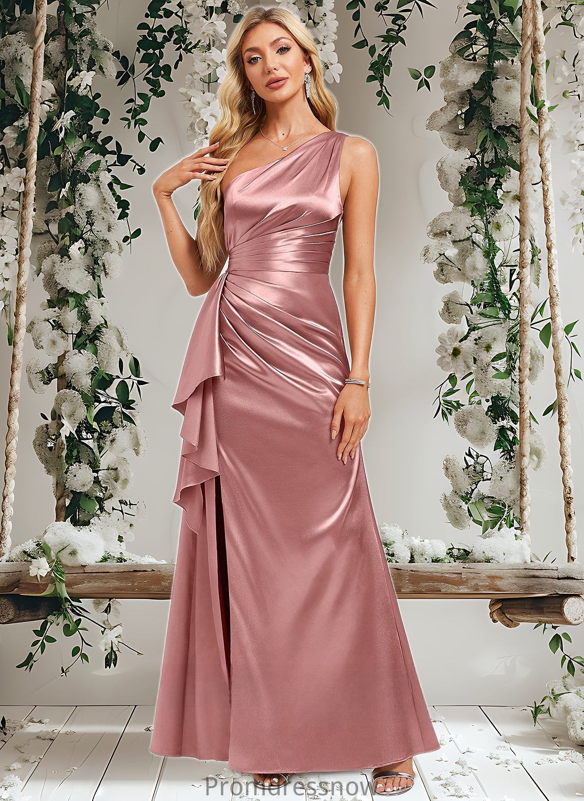 April A-line One Shoulder Floor-Length Stretch Satin Bridesmaid Dress With Ruffle HPP0025768