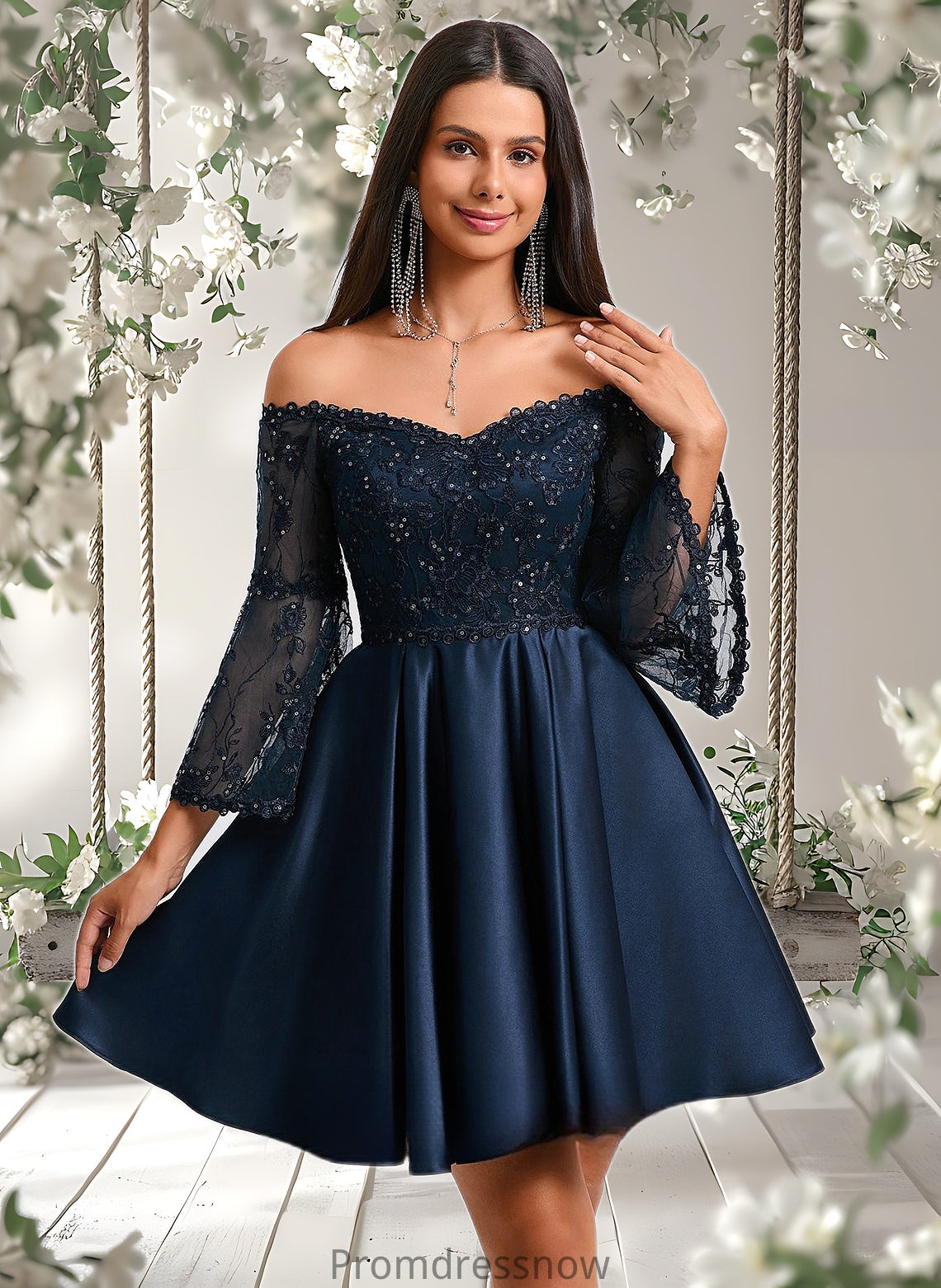 Francesca A-line Off the Shoulder Short Satin Homecoming Dress With Sequins HPP0025651