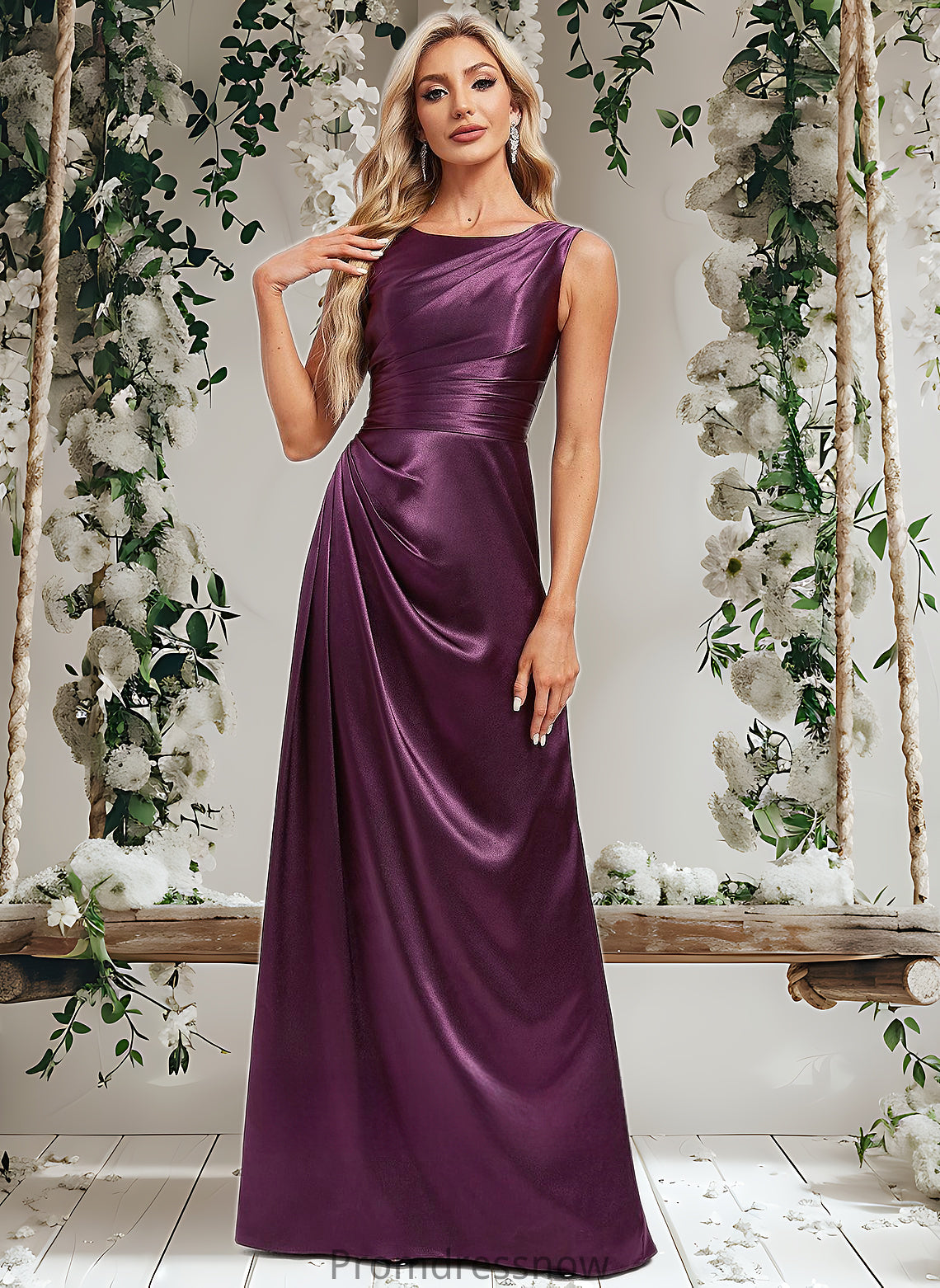 London A-line Scoop Floor-Length Stretch Satin Bridesmaid Dress HPP0025829