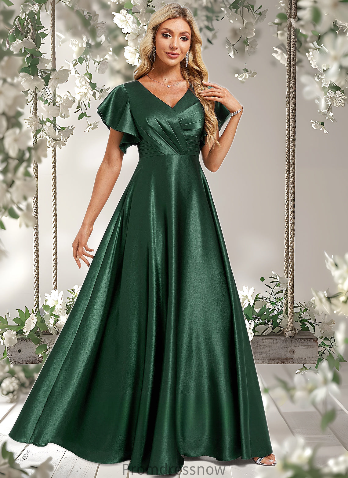 Kaleigh A-line V-Neck Floor-Length Stretch Satin Bridesmaid Dress With Ruffle HPP0025773