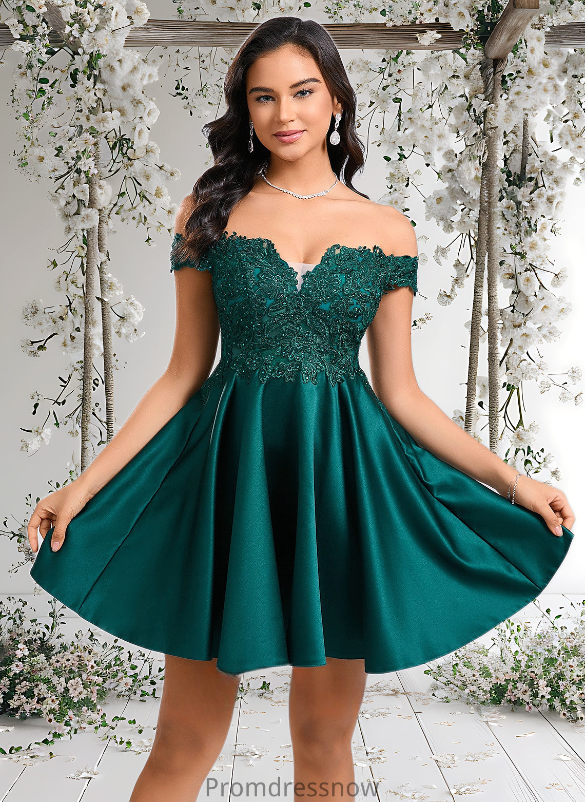 Tara A-line Off the Shoulder Short Lace Satin Homecoming Dress With Rhinestone HPP0025718