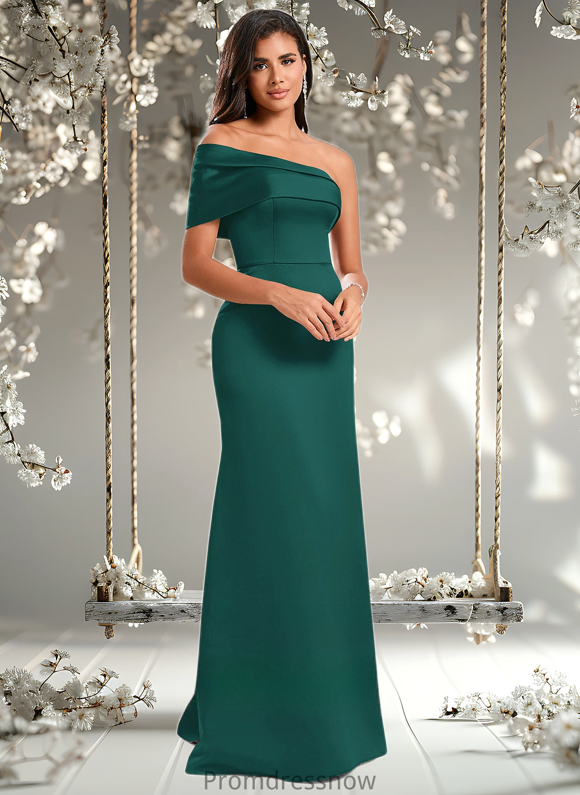 Adrianna A-line Asymmetrical Off the Shoulder Floor-Length Satin Prom Dresses HPP0025884