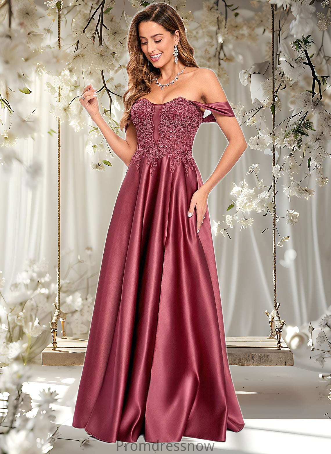 Amira A-line Off the Shoulder Floor-Length Satin Lace Prom Dresses With Sequins HPP0025841