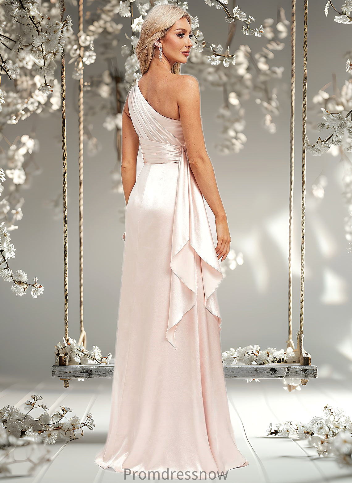 Allison A-line One Shoulder Floor-Length Stretch Satin Bridesmaid Dress With Ruffle HPP0025818