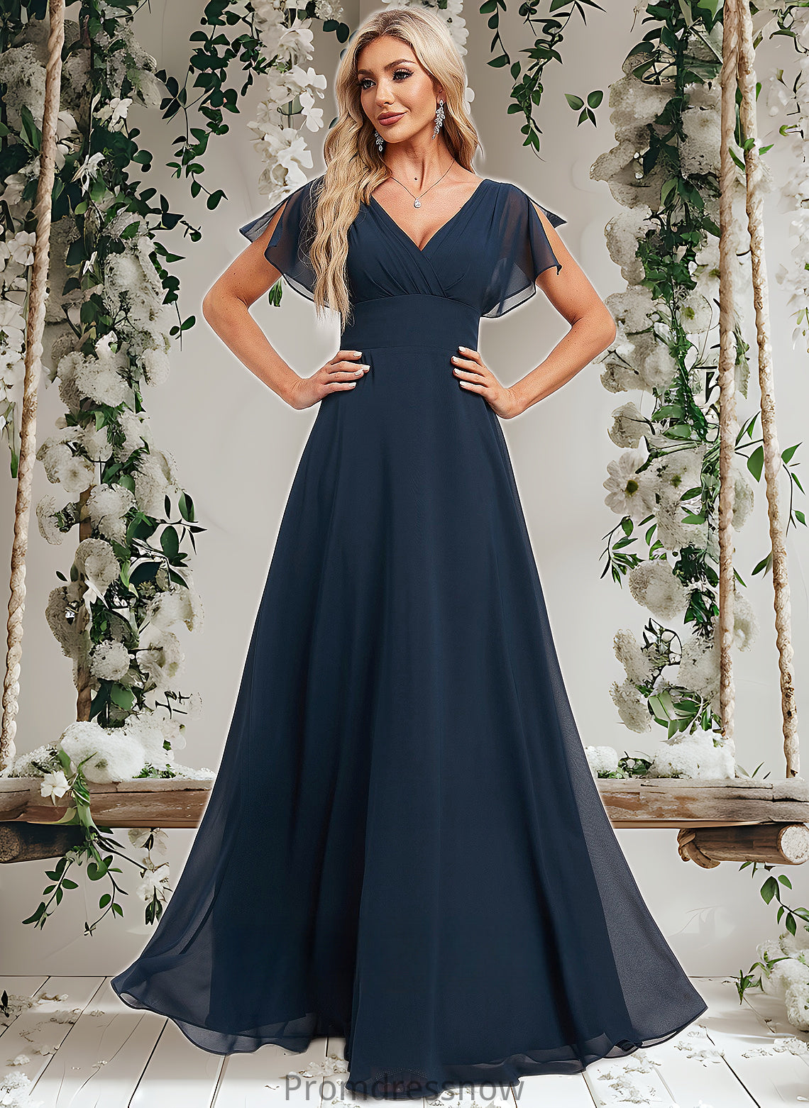 Kylie A-line V-Neck Floor-Length Chiffon Bridesmaid Dress HPP0025806