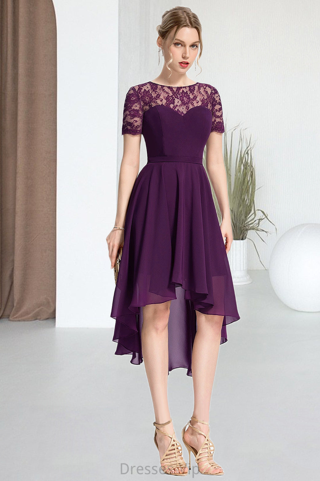 Samantha A-line Scoop Asymmetrical Chiffon Lace Homecoming Dress HPP0020587