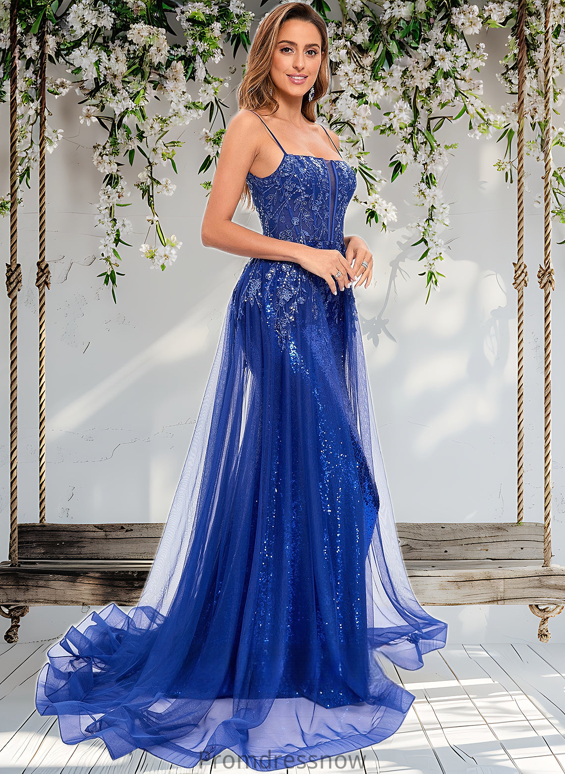 Vera Trumpet/Mermaid Straight Sweep Train Tulle Sequin Prom Dresses With Sequins Appliques Lace HPP0025857