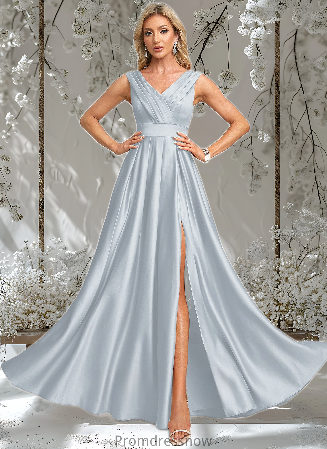 Megan A-line V-Neck Floor-Length Satin Prom Dresses HPP0025877