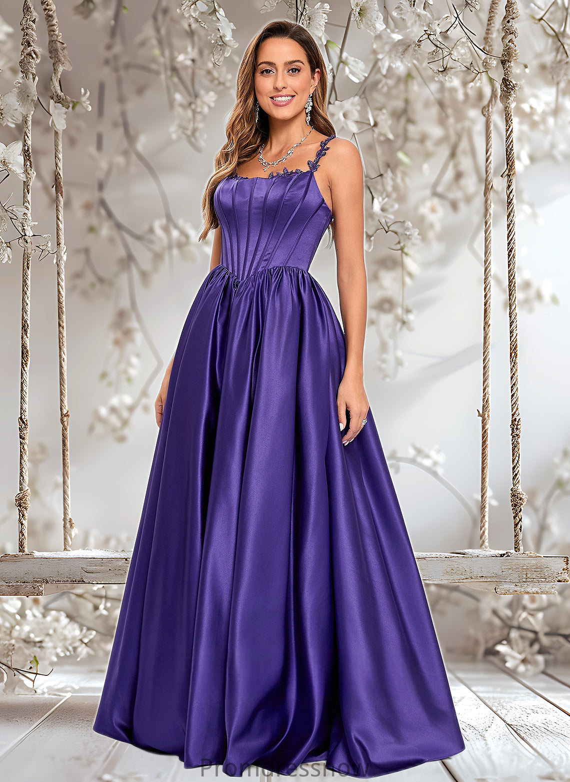 Courtney Ball-Gown/Princess Scoop Floor-Length Satin Prom Dresses With Appliques Lace Beading HPP0025865