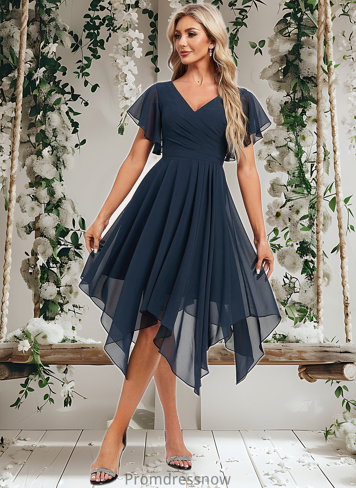 Carlie A-line V-Neck Asymmetrical Chiffon Bridesmaid Dress With Ruffle HPP0025804