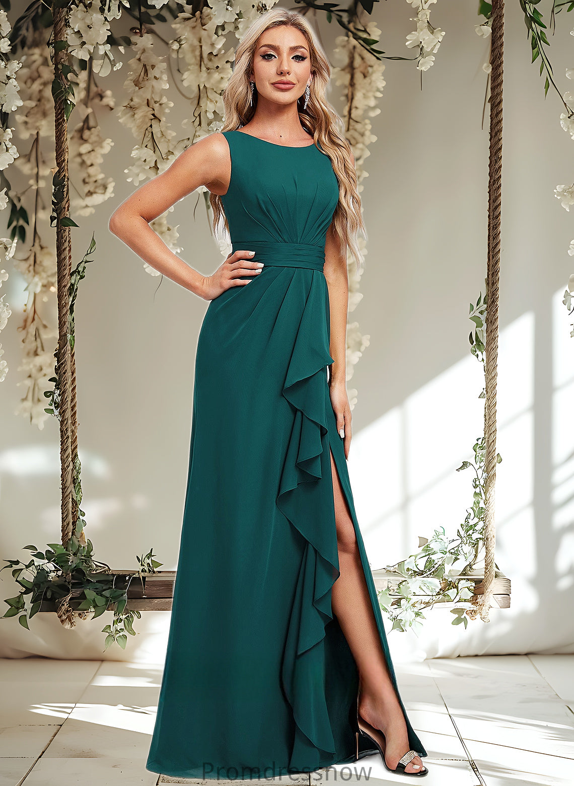 Lindsay A-line Scoop Floor-Length Chiffon Bridesmaid Dress With Ruffle HPP0025814