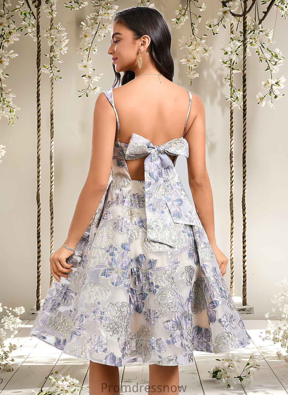 Kit A-line Square Knee-Length Jacquard Homecoming Dress With Bow HPP0025687