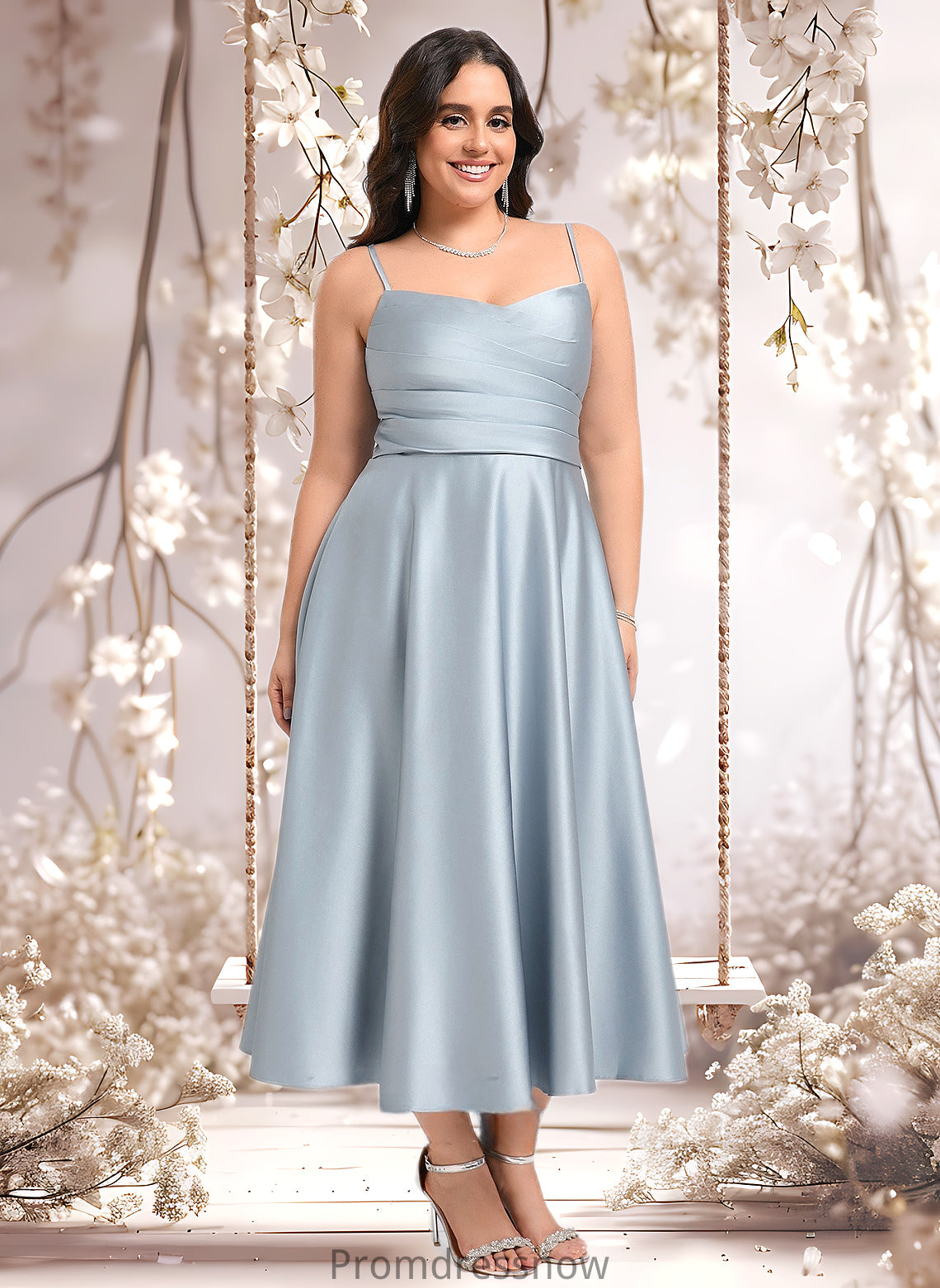 Anabella A-line V-Neck Tea-Length Satin Bridesmaid Dress HPP0025794