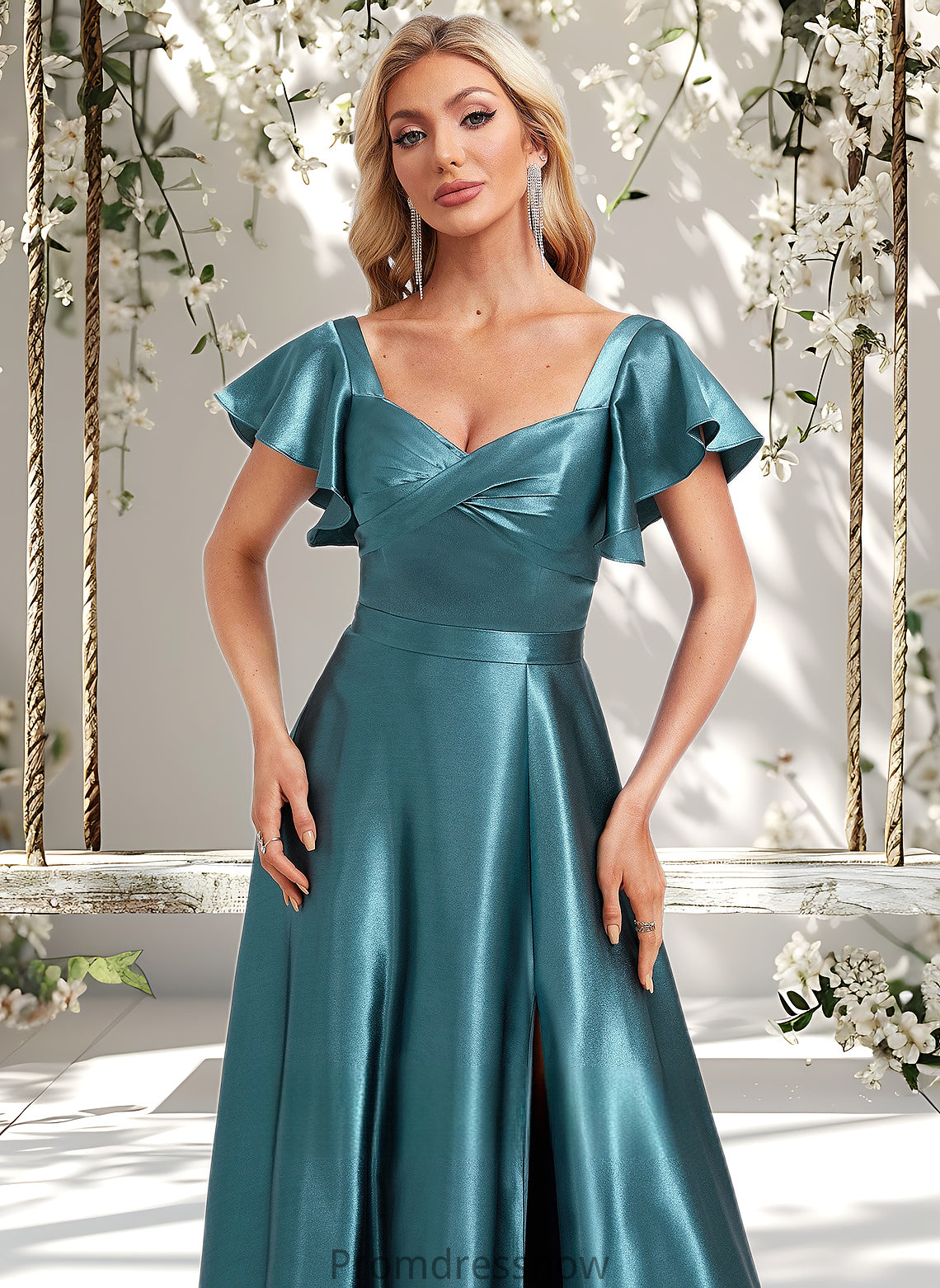 Keyla A-line V-Neck Floor-Length Stretch Satin Bridesmaid Dress With Ruffle HPP0025780