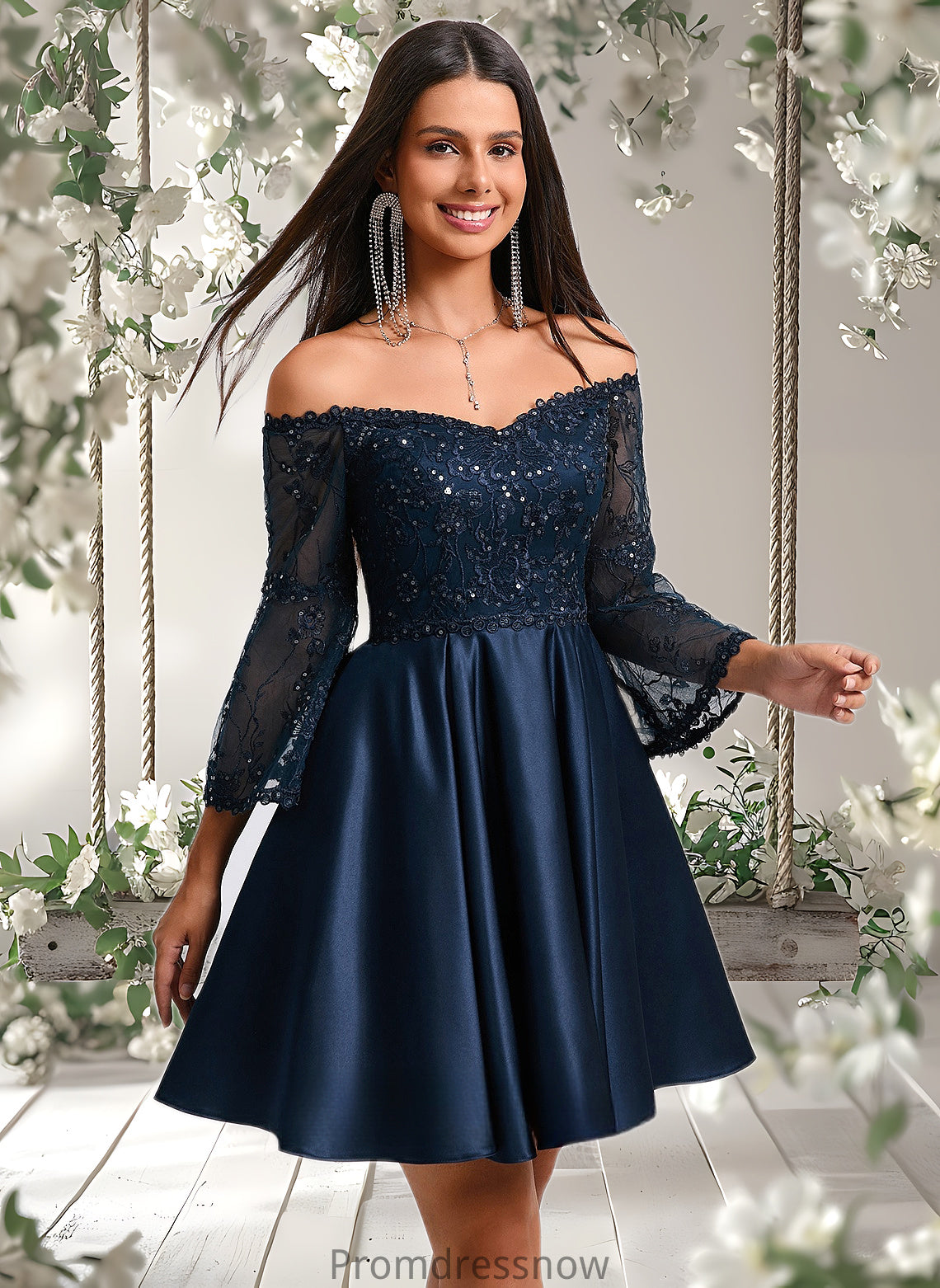 Francesca A-line Off the Shoulder Short Satin Homecoming Dress With Sequins HPP0025651